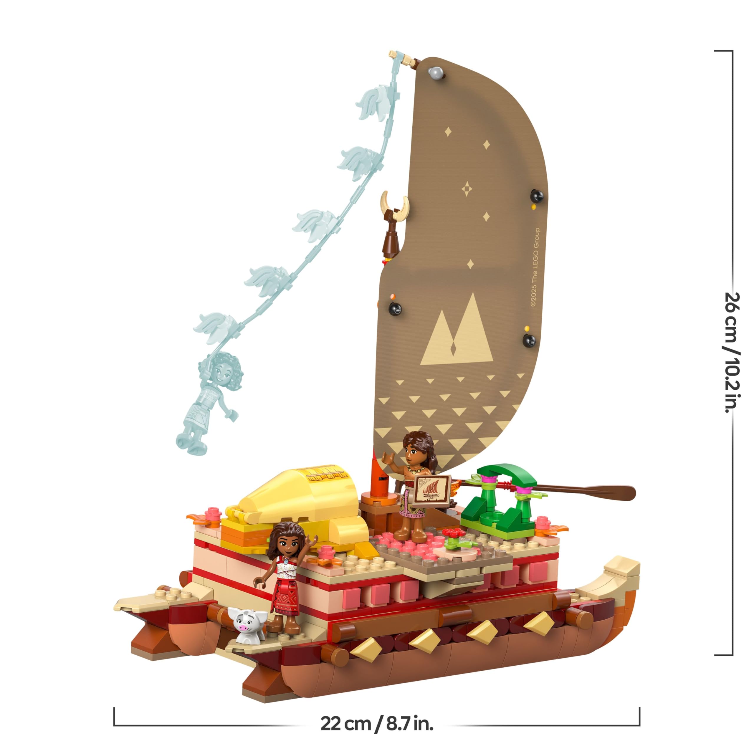 LEGO | Disney Vaiana 2 Canoa de Aventuras de Vaiana - Barco de Juguete con Vela Textil, Hoguera, 3 Mini Muñecos Inc. Loto y Moni y Cerdito Púa - Regalo Creativo para Niñas de 6+ Años y Fans 43270