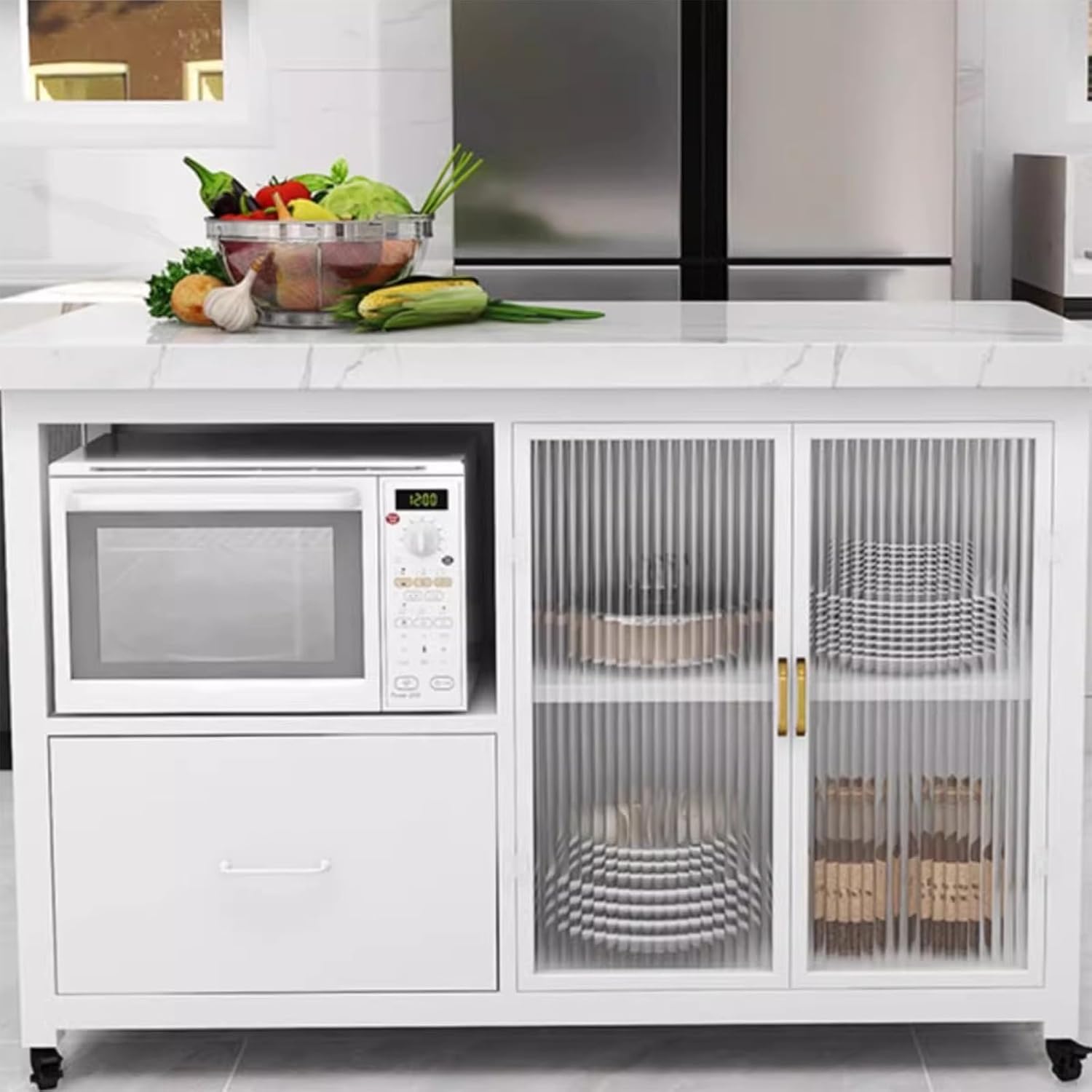 Storage Trolley Kitchen Island Cart Rolling Cabinet Stone Top Metal Frame Mobile Storage Trolley Shelving Organizer(Black,Medium)