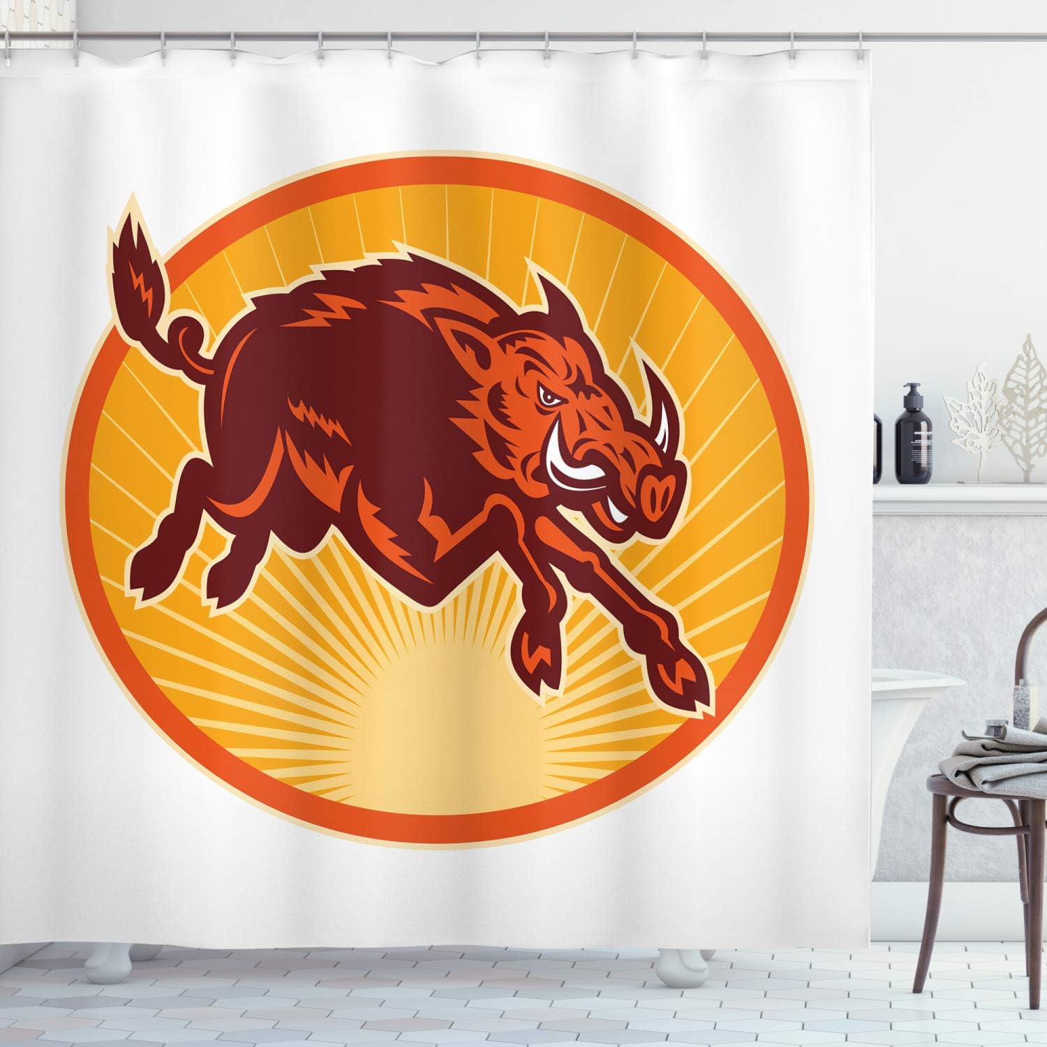 Ambesonne Razorback Shower Curtain, Retro Emblem Design of Attacking Wild Boar in Oval Frame, Cloth Fabric Bathroom Decor Set with Hooks, 69" W x 75" L, Vermilion Burgundy