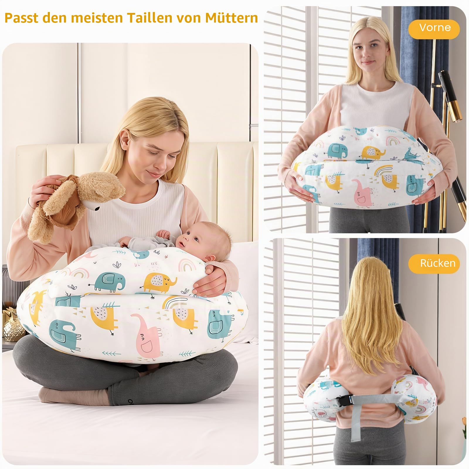 Labtec Stillkissen zum Stillen, Multifunktionales Stillkissen mit verstellbarem Bauchgurt und Sicherheitszaun, 100% Baumwolle & Abnehmbarer Kissenbezug, Elefanten-Druck