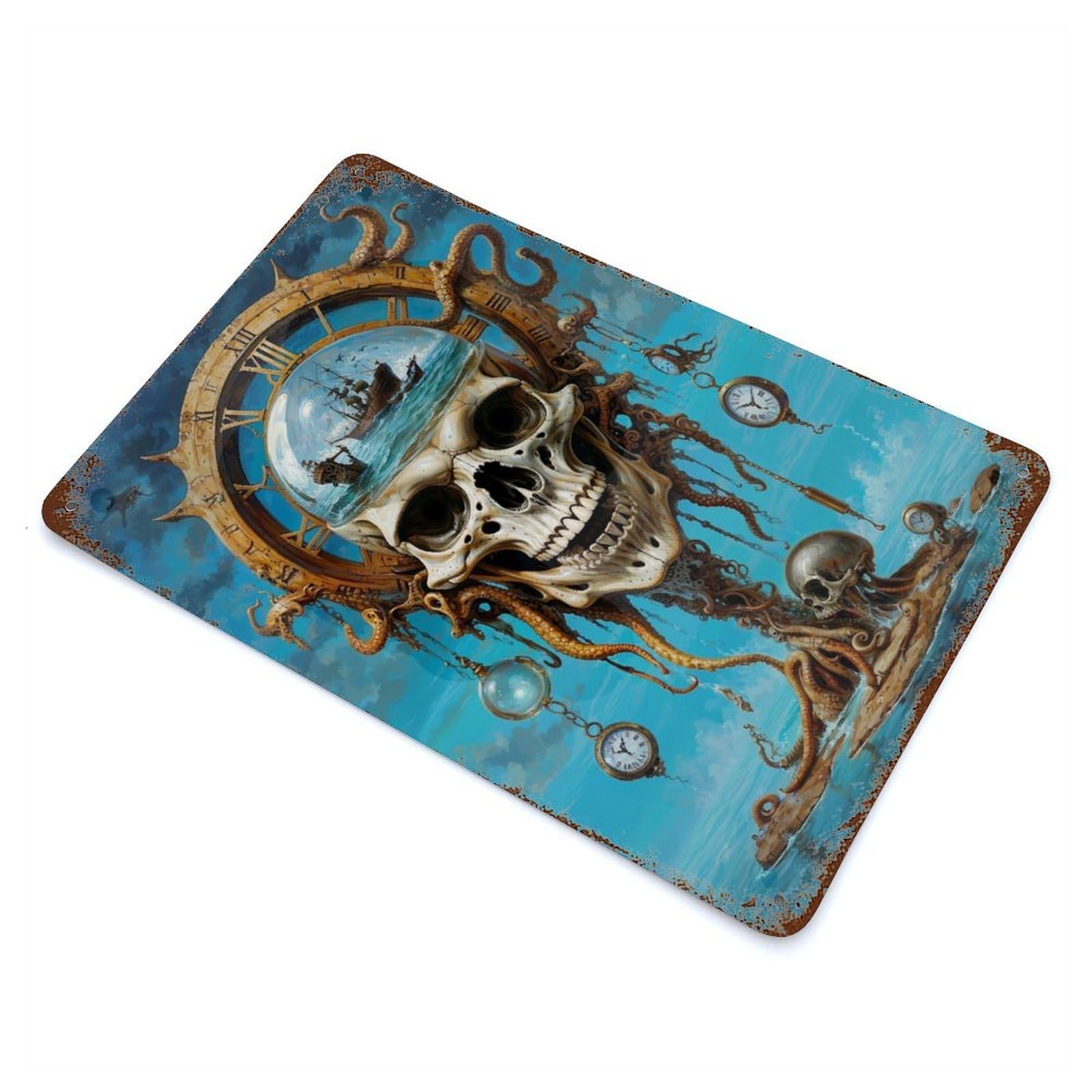Rust Effect Passage of Octo Skull Time Weathered Tin Sign 11.8"x7.9", Shabby Chic Decor for Patio, Garden Room And Bar Decor