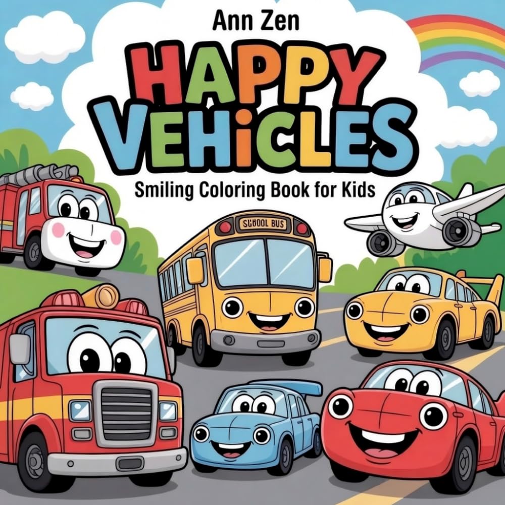 Happy Vehicles: Smiling Coloring Page for Kids: Fun & Educational Transportation Coloring Book for Toddlers and Preschoolers – Ages 2-5