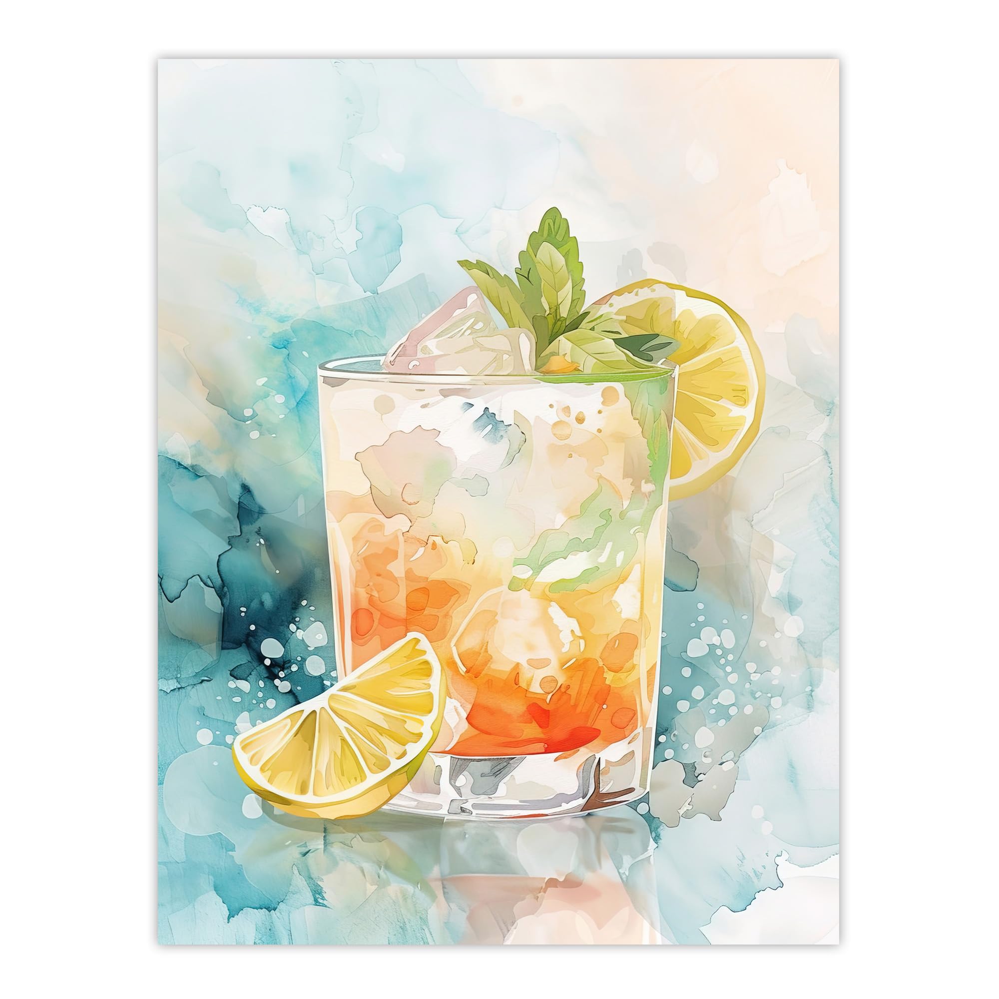 Cuba Libre Cocktail Watercolour Print - Tropical Summer Wall Art - Blue - W24 inch x H32 inch - Artery8