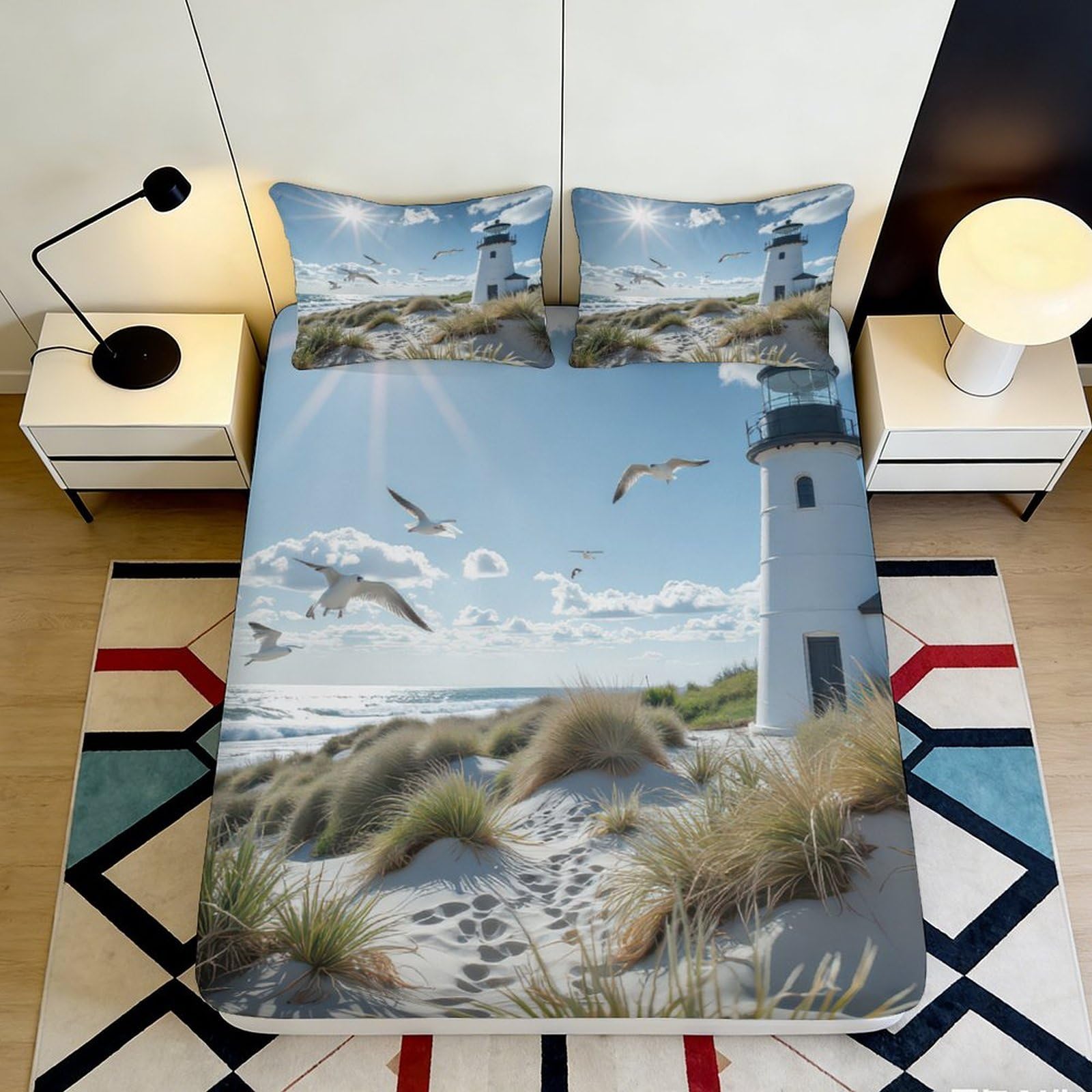 3D Printed Lighthouse Seaside Fitted Sheet Microfiber Deep Pocket Bedroom Bedding Lighthouse Mattress Fitted Cover Washable 90x200x25cm