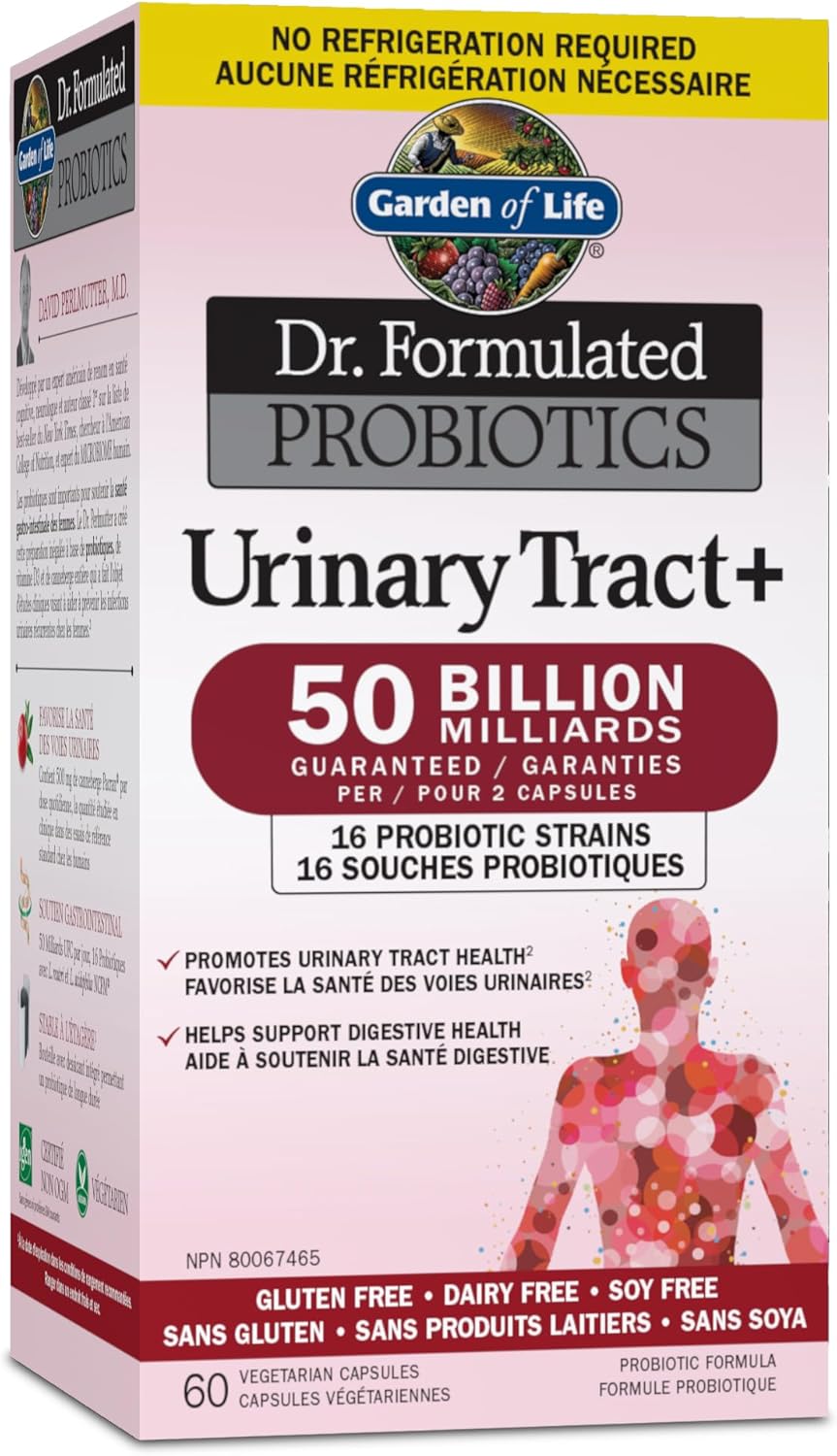 Garden of Life Dr. Formulated Probiotics Urinary Support+, 50 Billion CFU, 16 Probiotic Strains, with 500 mg Clinically Studied Pacran Cranberry, Gluten Free, Dairy Free