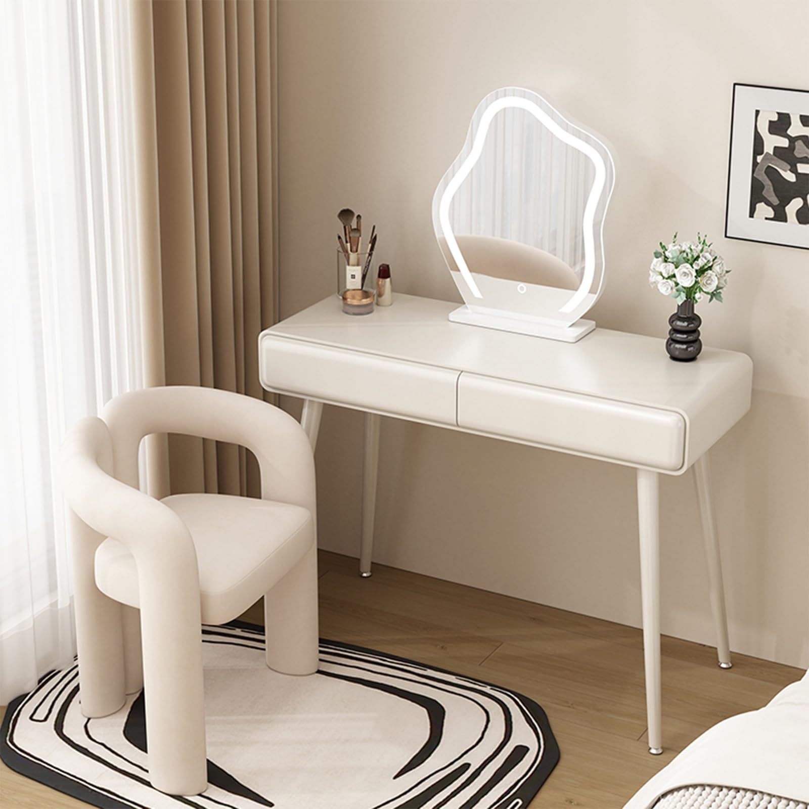asdchZen Led Makeup Vanity Table With 2 Storage Drawers White Dressing Desk & Matching Stool Easy Assembly 100Cm/39.3In Ideal For Bedroom & Beauty Routine