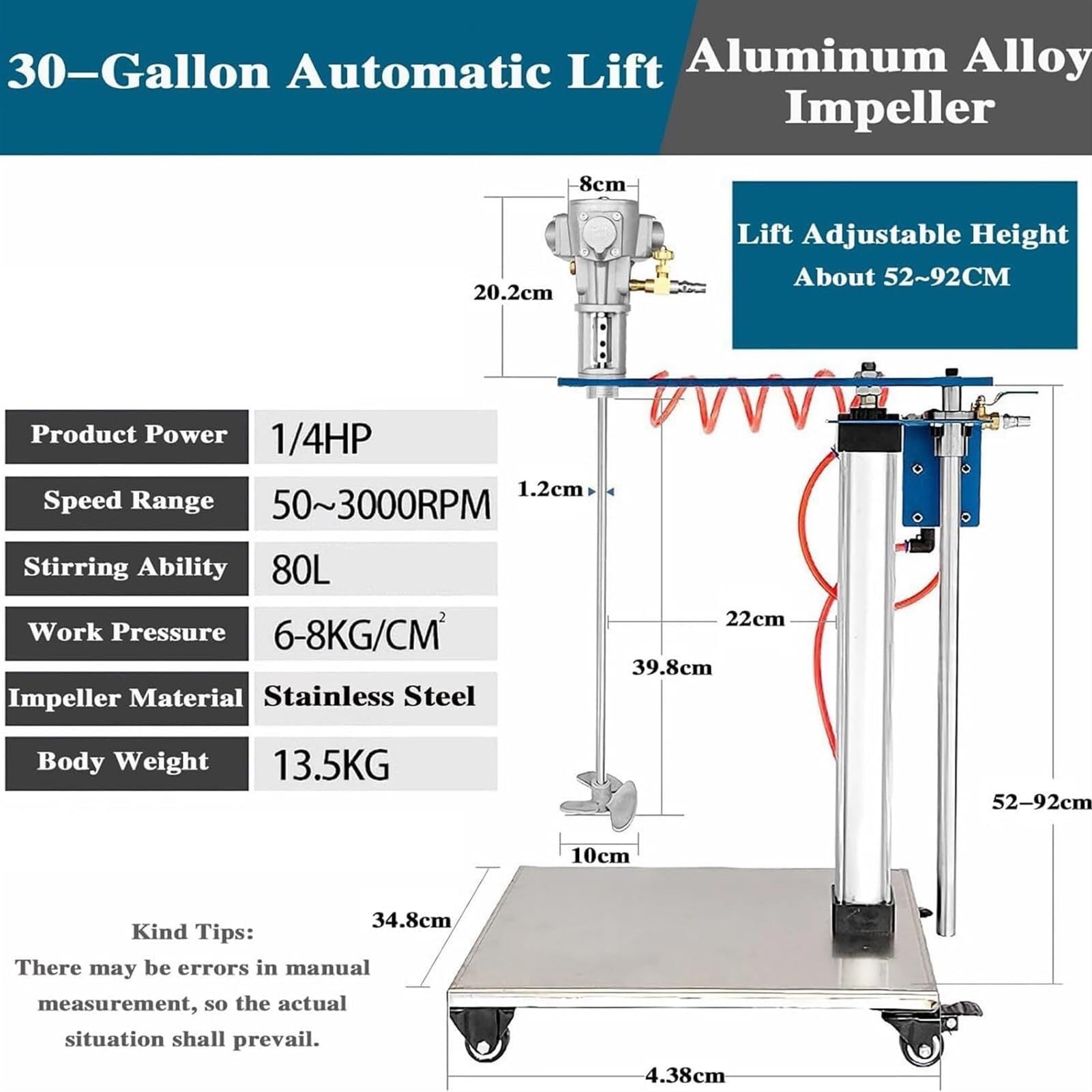 Miscelatore per Vernici da 30 galloni, agitatore ad Aria di Sollevamento Automatico da 1/4 HP, Miscelatore Pneumatico con Supporto, Altezza Regolabile, STR(Lega di Alluminio