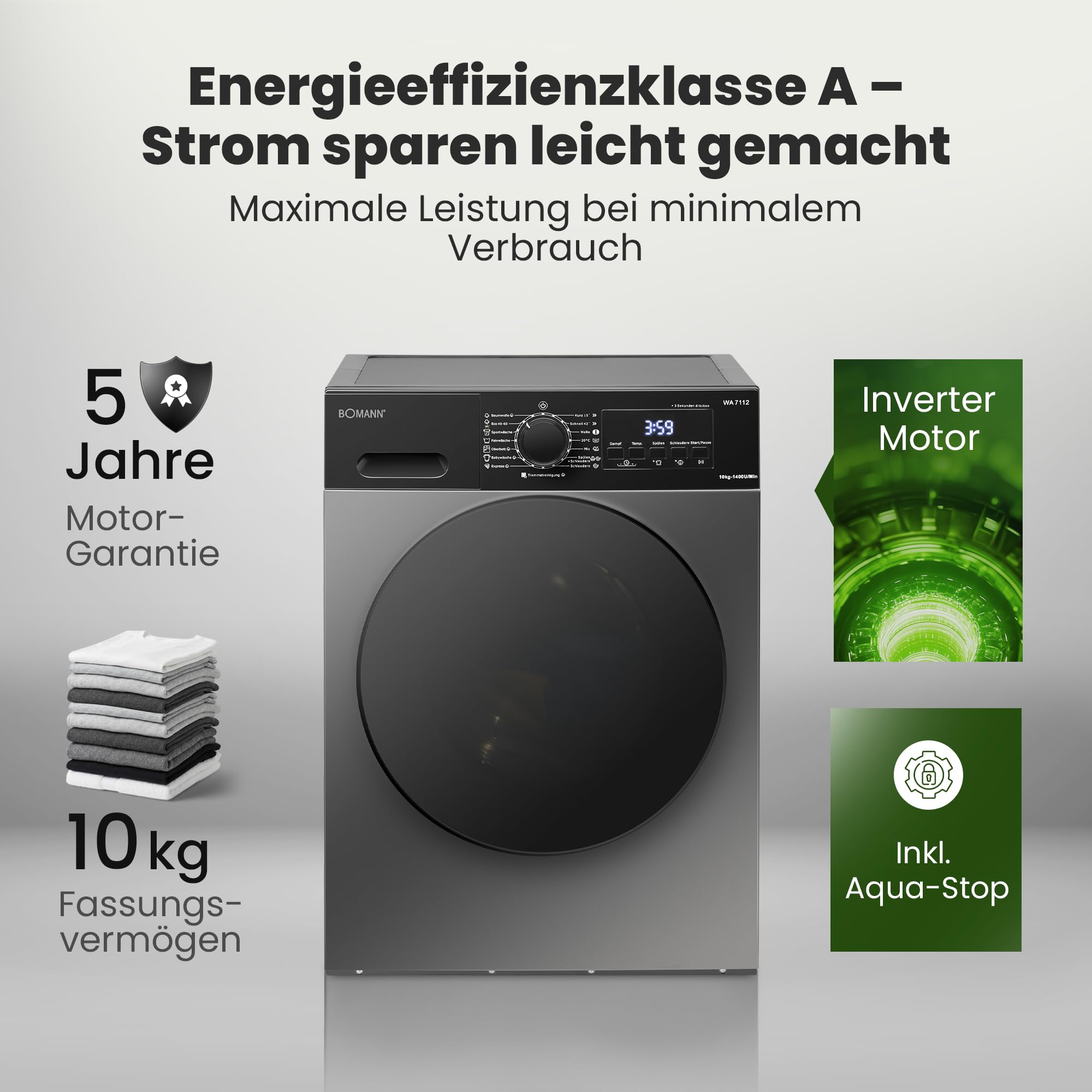 Bomann® Waschmaschine 10kg | 5 Jahre Motor-Garantie | Invertermotor - effizient, leise & langlebig | inkl. Aqua-Stop | max. 1400 U/min | 15 Programme | LED-Display | Washing Machine | WA 7112 schwarz