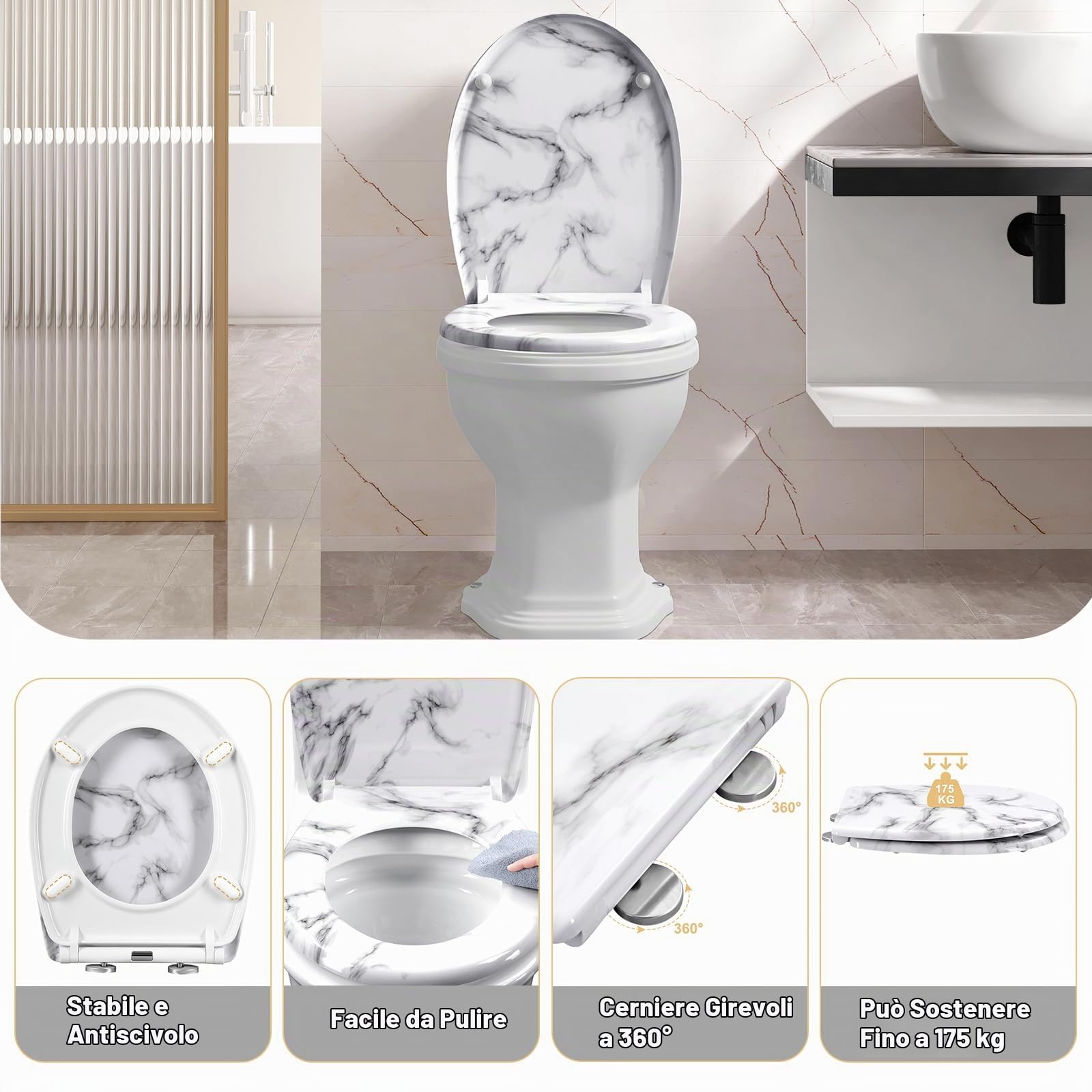 WOLTU Tavoletta WC Ammortizzata, Copriwater Ovale, Asse WC con Cerniere Regolabili con Paracolpi, in Duroplast