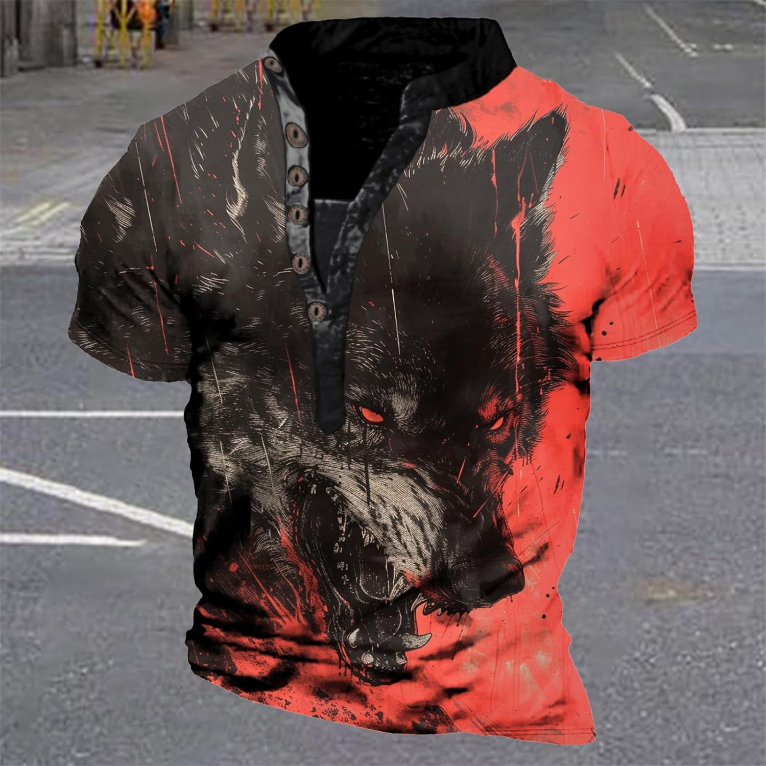 Henley Shirts for Men Animal Print Short Sleeve Pullover Button Stand Collared Casual Novelty Workout Tunic Tops - Image 2