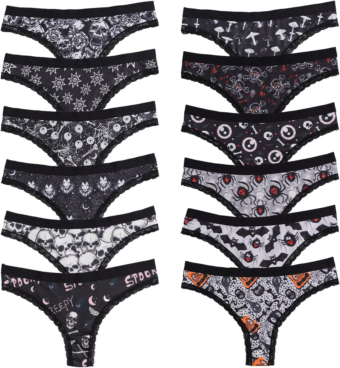SYVIN Women's 12-Pack Allover Spooky Print Thong Underwear, Contrast Lace Trims Sexy Stylish Multiple Styles Assorted - Image 4
