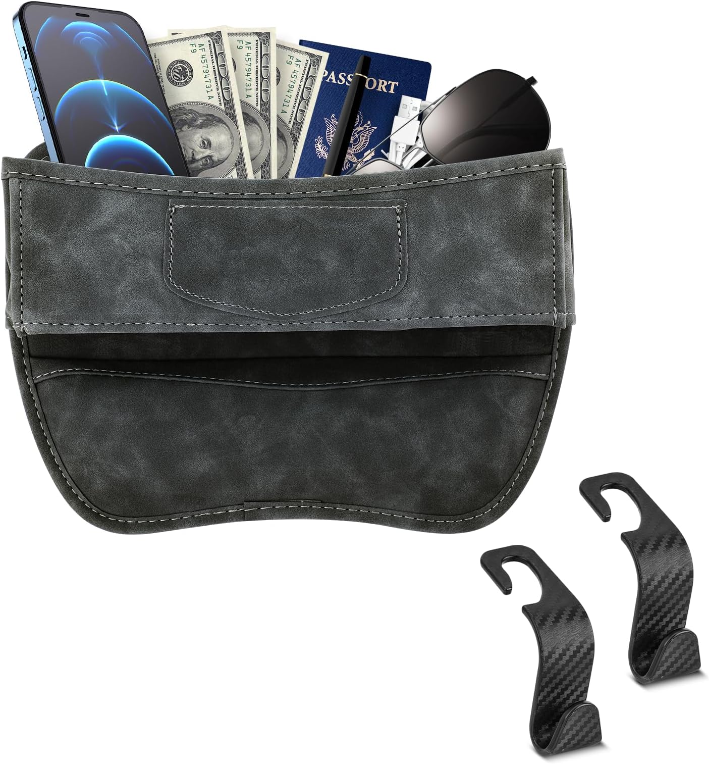 Car Seat Gap Filler - Anti-Fur Car Seat Organizer to Hold Keys, Coins, Phone, Cards, Pens | Universal Car Interior Accessories with 2 Hooks