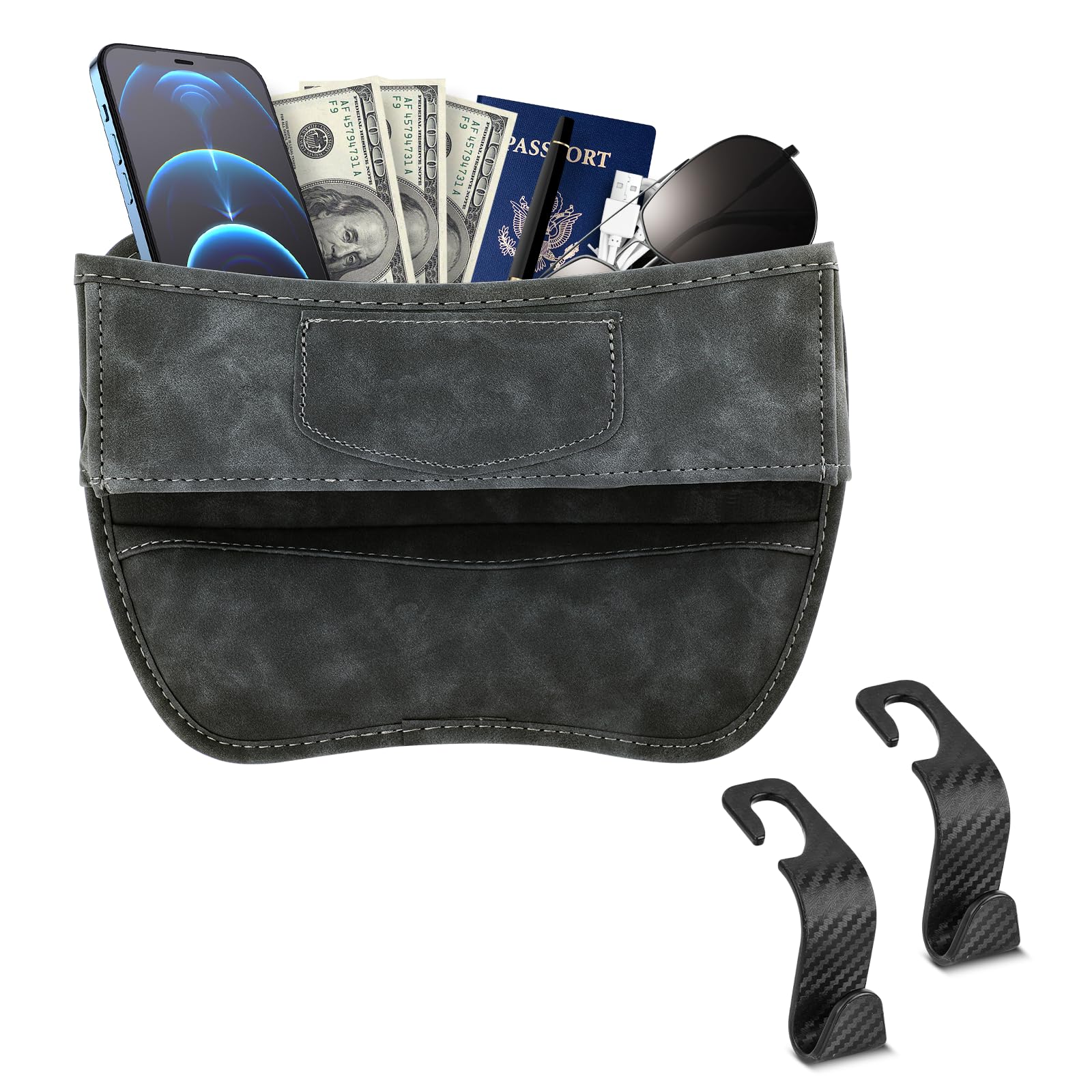 Car Seat Gap Filler - Anti-Fur Car Seat Organizer to Hold Keys, Coins, Phone, Cards, Pens | Universal Car Interior Accessories with 2 Hooks