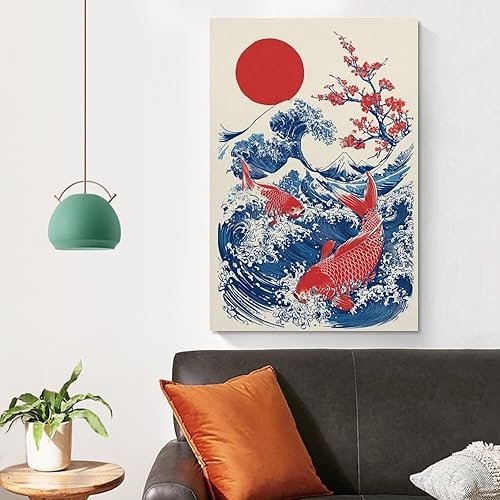 Miniatura 4 de Koi Fish Cherry Blossom Wave Retro Asian Japanese Poster Canvas Wall Art Decor for Bedroom Living Room Office Bathroom Home Pictures Print Wall
