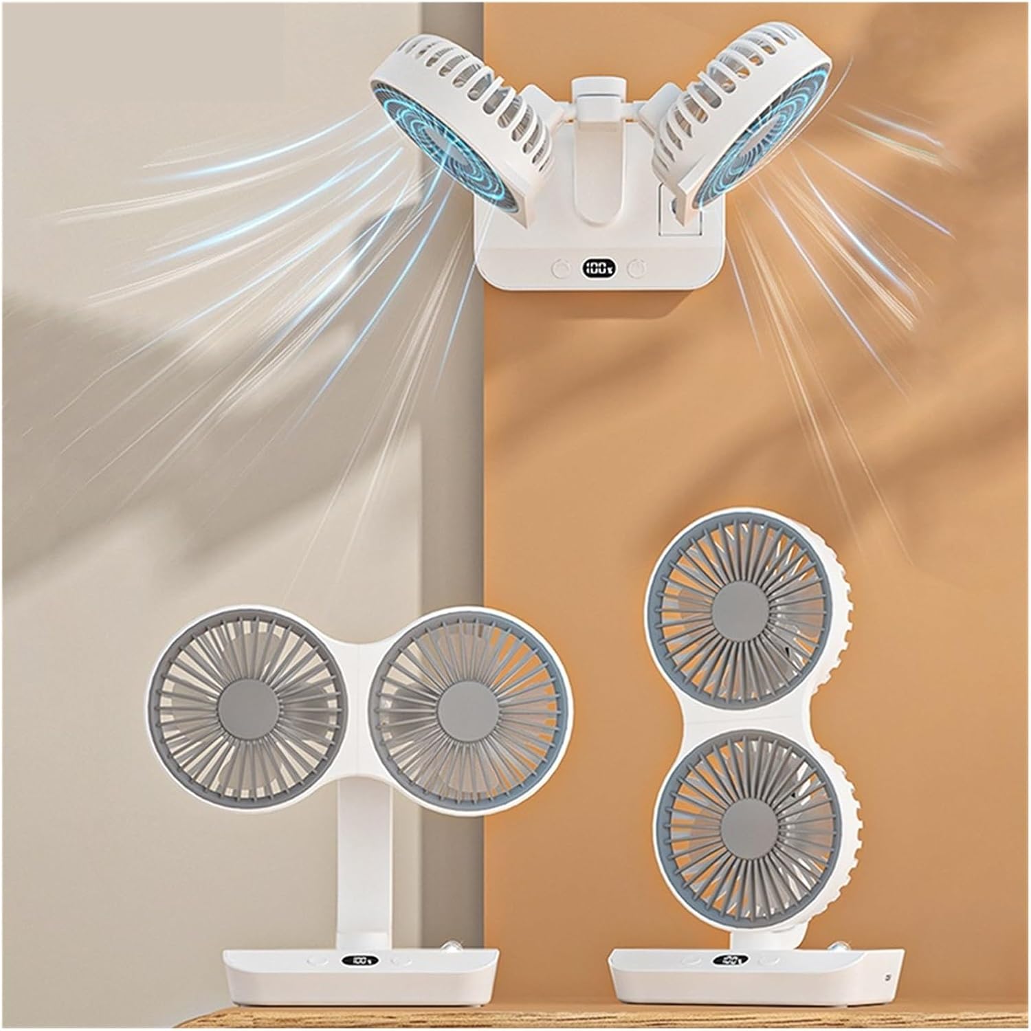 Double Head Table Fan Rechargeable Rotation Shaking Head Fan Wall Mounted Portable 4-Gears Wind Fast Cooling Fan Home Office