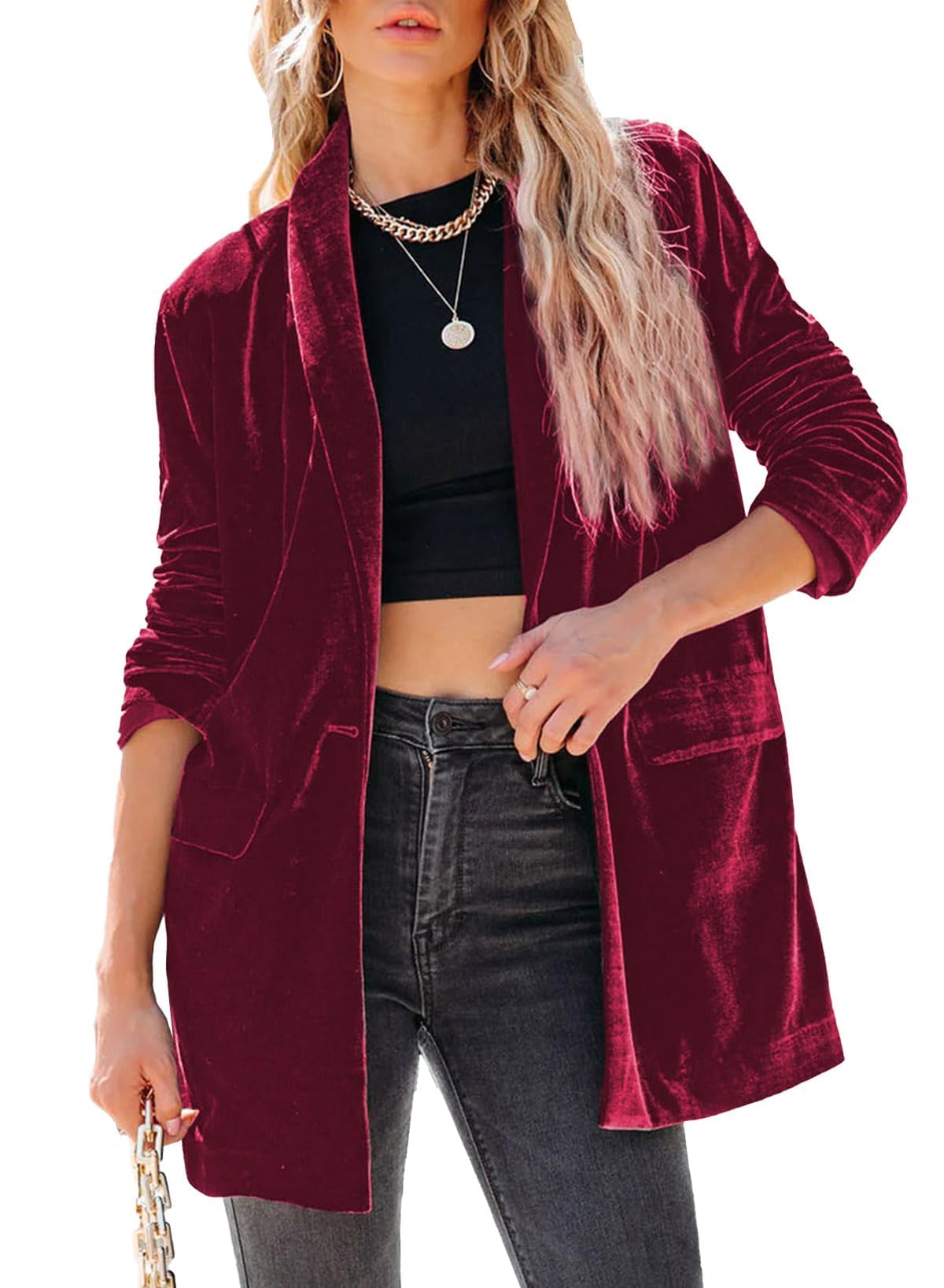 Happy Sailed Womens Velvet Blazer Jackets Casual Long Sleeve Lapel Collar Pocketed Blazer Suits Work Outfits