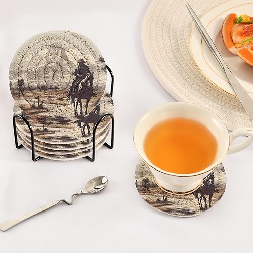 Miniatura 5 de Western Cowboy - 6 posavasos absorbentes para protección de mesa, hechos a mano, redondos, tejidos, con soporte y resistente al calor al agua,