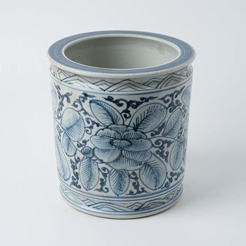 Antique Hand-Painted Flower and Bird Porcelain Pen Holder Old Style Ceramic Planter 9.7 Inch Large Plants Vase Blue & White Porcelain Silla Flower Plant Pots (Light Blue)