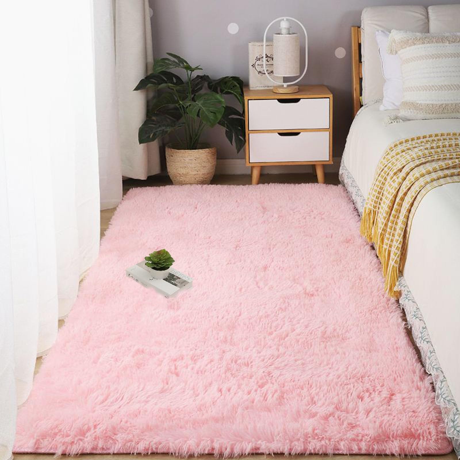 Tapis de salon moelleux 180 x 240 cm tapis shaggy rose pour chambre et couloir intérieur