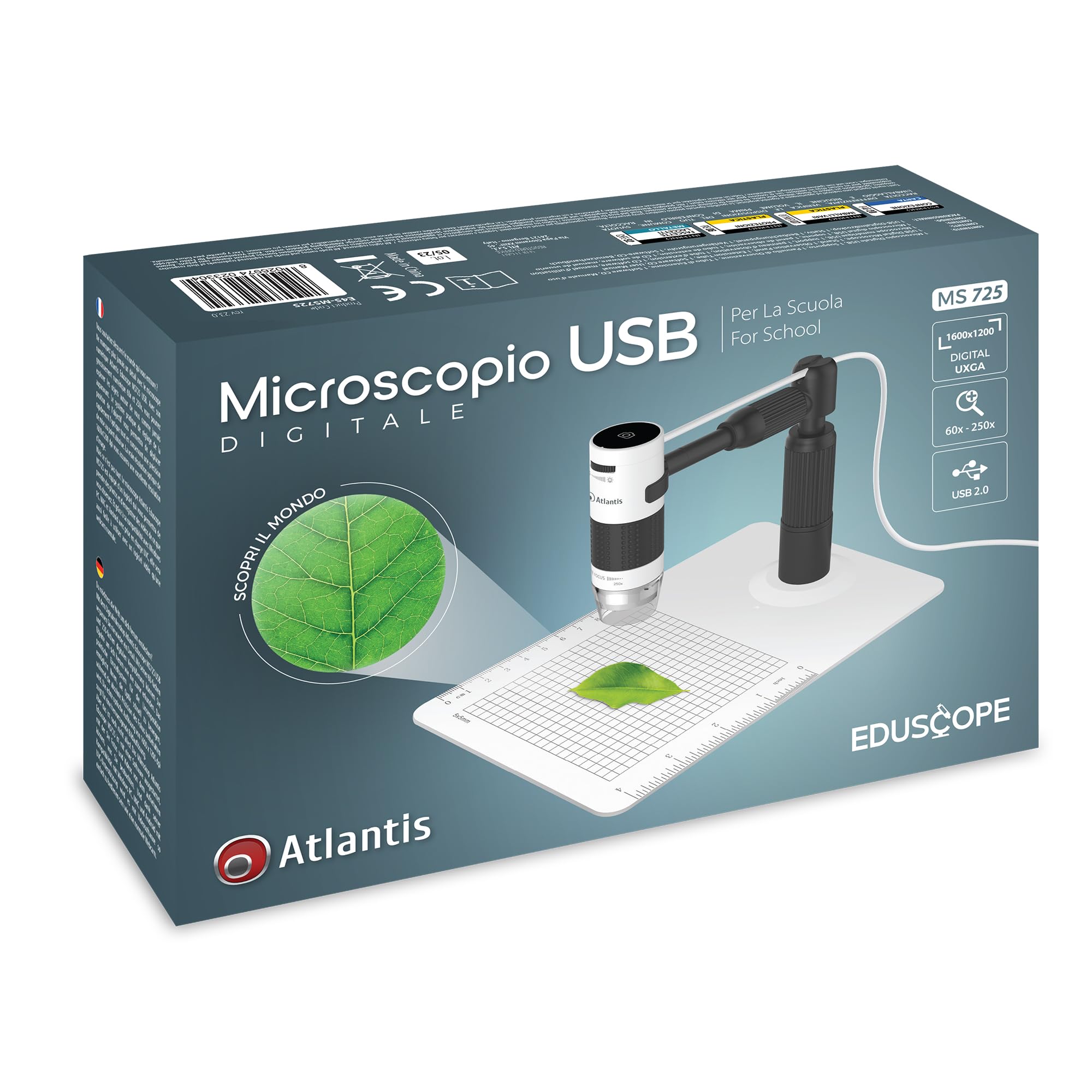 Microscopio Digitale USB Magnificatore Ingranditore Atlantis E45-MS725, Risoluzione UXGA 1600x1200. Doppio fuoco, ingrandimento 60x e 250x. Regolazione millimetrica altezza e lunghezza, PC,MAC Android