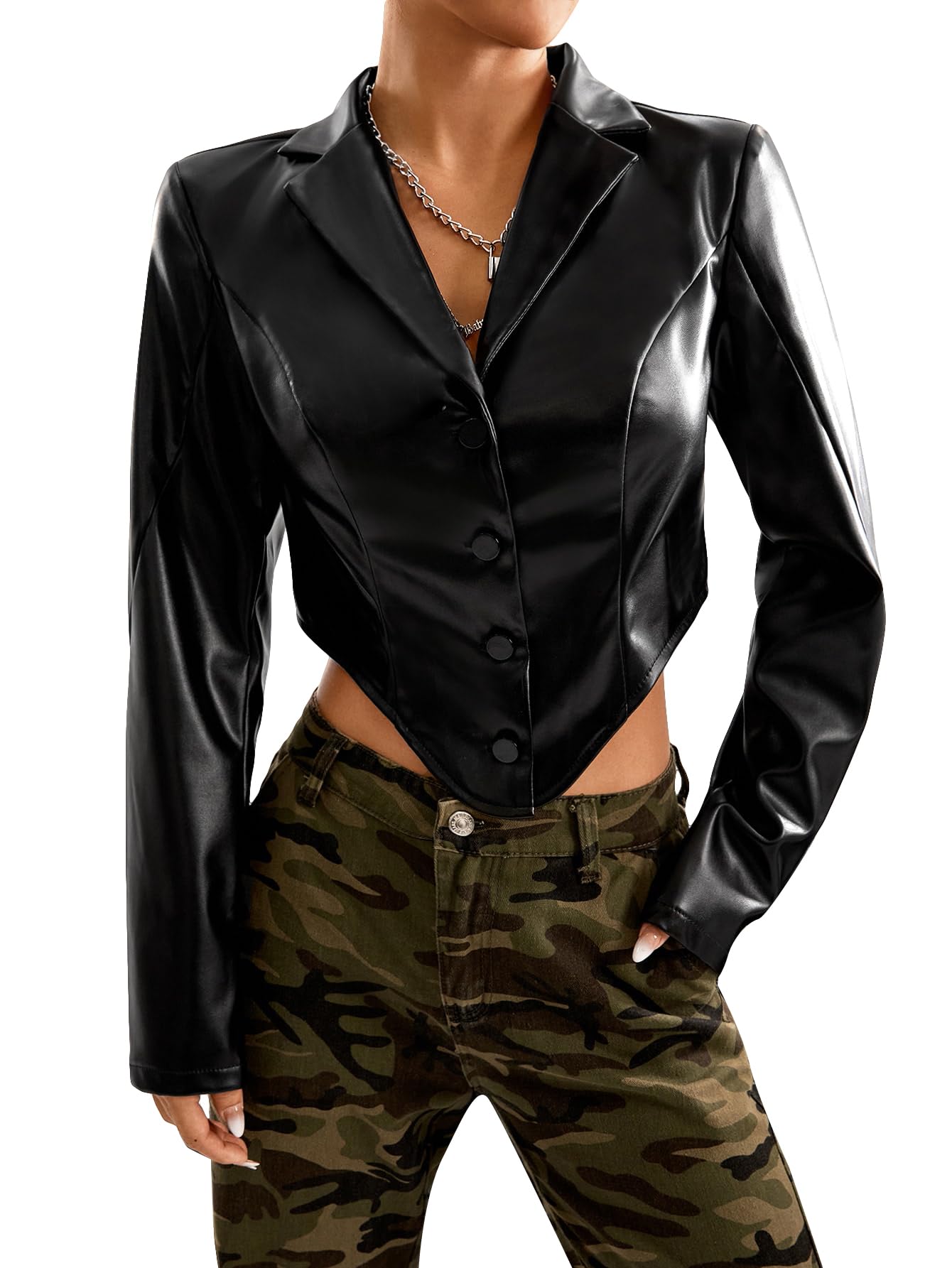 WDIRARA Womens PU Leather Lapel Long Sleeve Asymmetrical Hem Button Up Crop Jacket Blazer