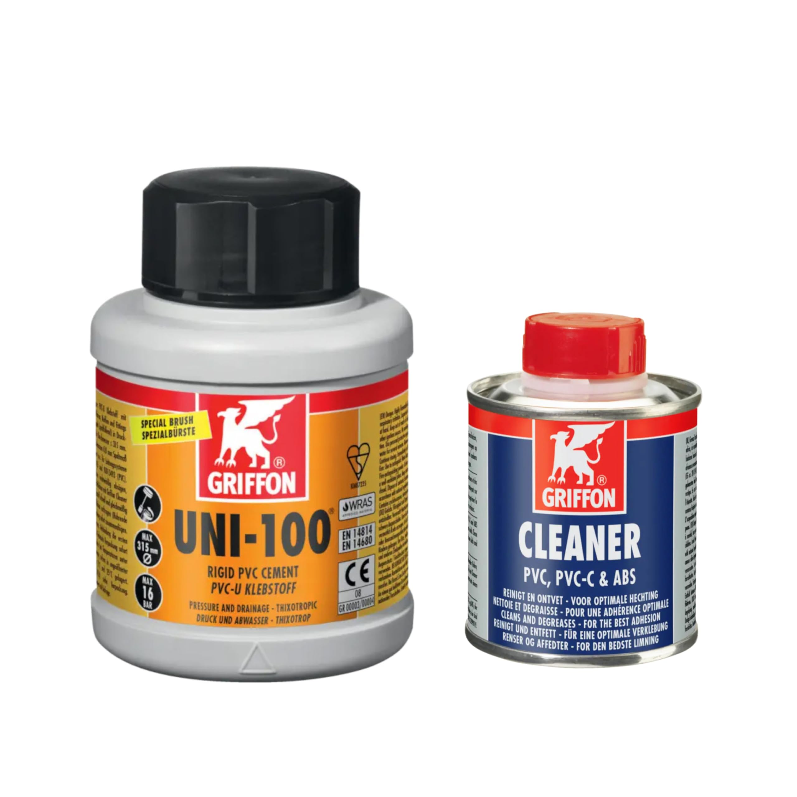 Griffon PVC-U Kleber Uni-100 250ml Dose mit Pinsel + PVC Reiniger 125ml Spezialkleber für PVC Rohre Fittings