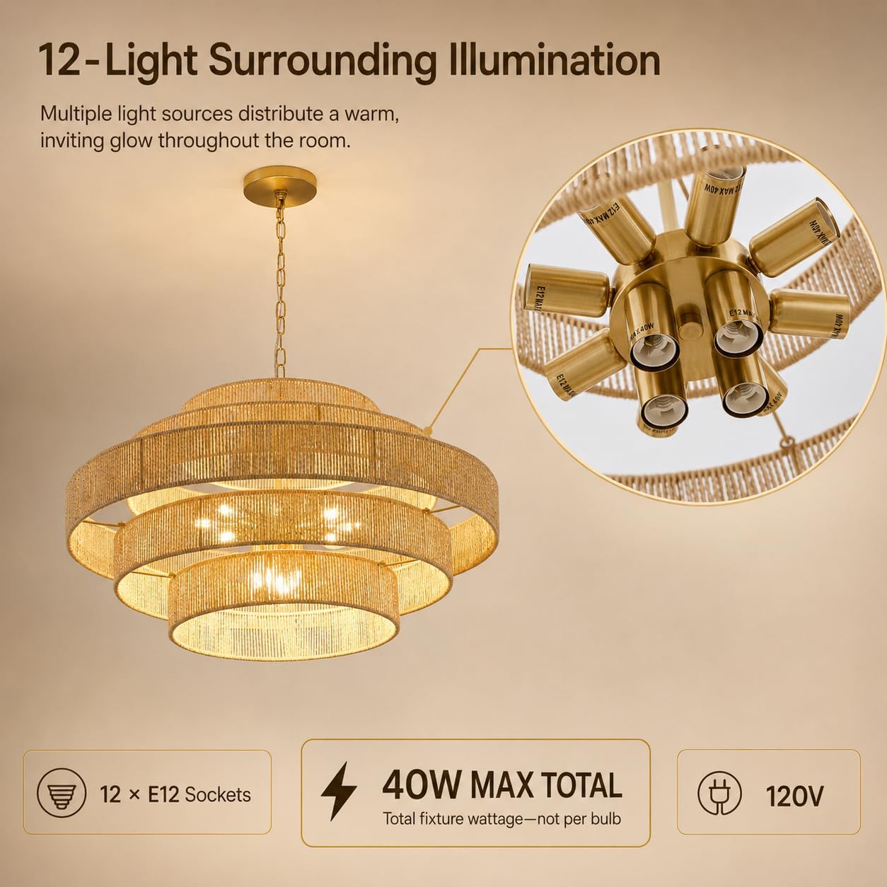 31.5-Inch Rattan Chandelier, 12-Light Large Tiered Pendant Light with Gold Finish, Adjustable Hanging Ceiling Light Fixture for Dining Room, Living Room, Foyer and High Ceiling image 3