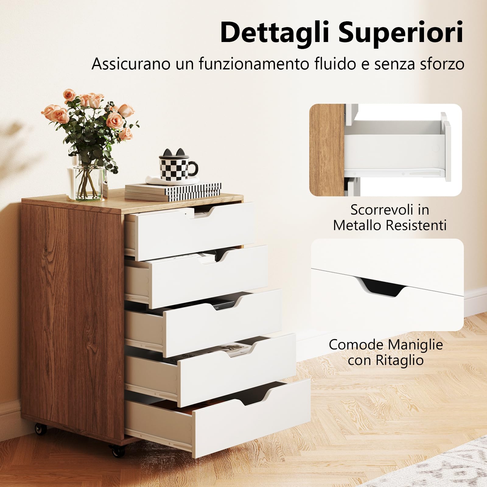 RELAX4LIFE Cassettiera Ufficio con Ruote, Piano 40x49 cm con Portata 45kg, Guide Metalliche, Silenziosa e Stabile, Mobile Porta Stampante per Ufficio, Casa (Bianco+Naturale, 5 Cassetti – 66 cm)