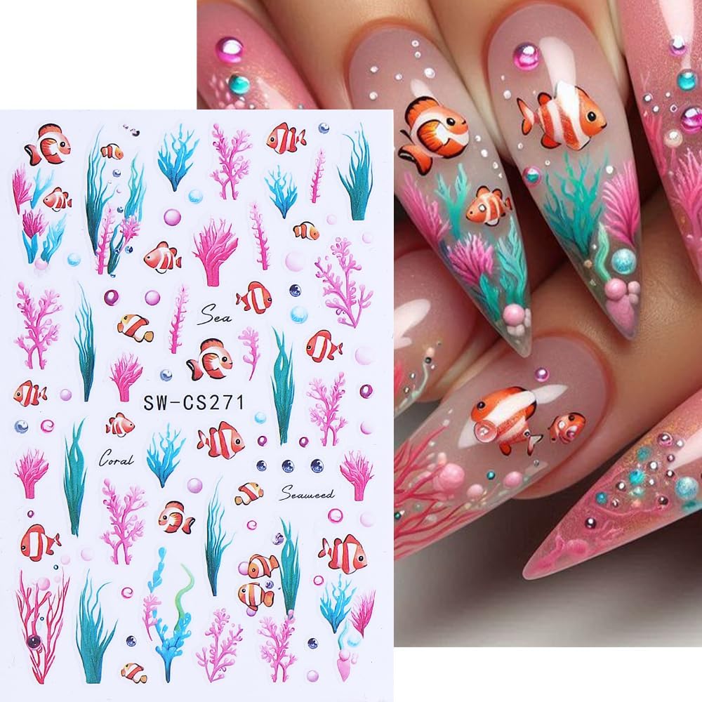 5 Pcs Ocean Sea Nail Stickers for Nail Art, 3D Self-Adhesive Starfish Fish Coral Nail Decals, Summer Nail Supplies Nail Art Design Accessories for Women and Girls Manicure DIY Decoration - Image 3