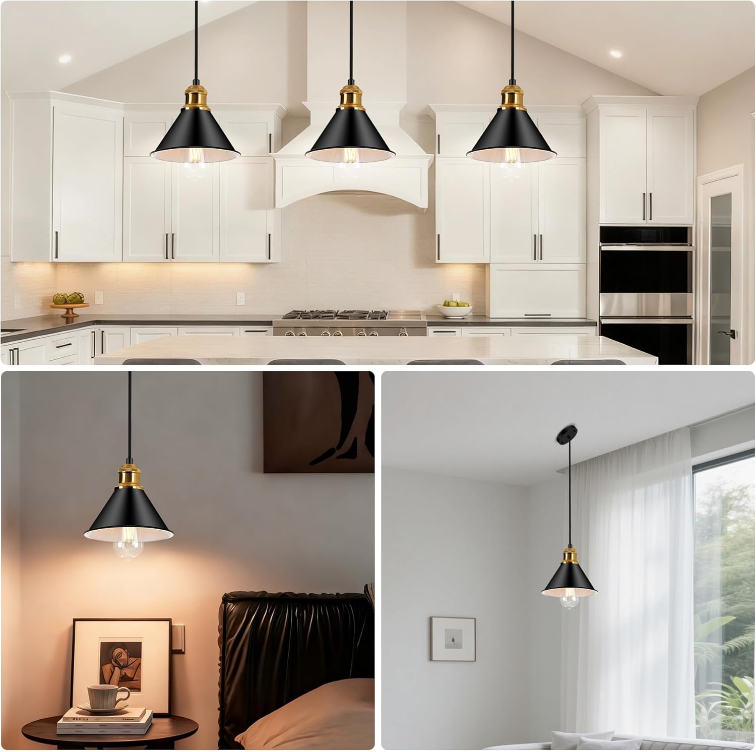 Modern Pendant Light for Kitchen Island, 9.06" Matte Black with Leather Strap Accents, Industrial Hanging Ceiling Lamp with Gold Finish, Adjustable Height for Dining Room Bar Sink, E26 Base