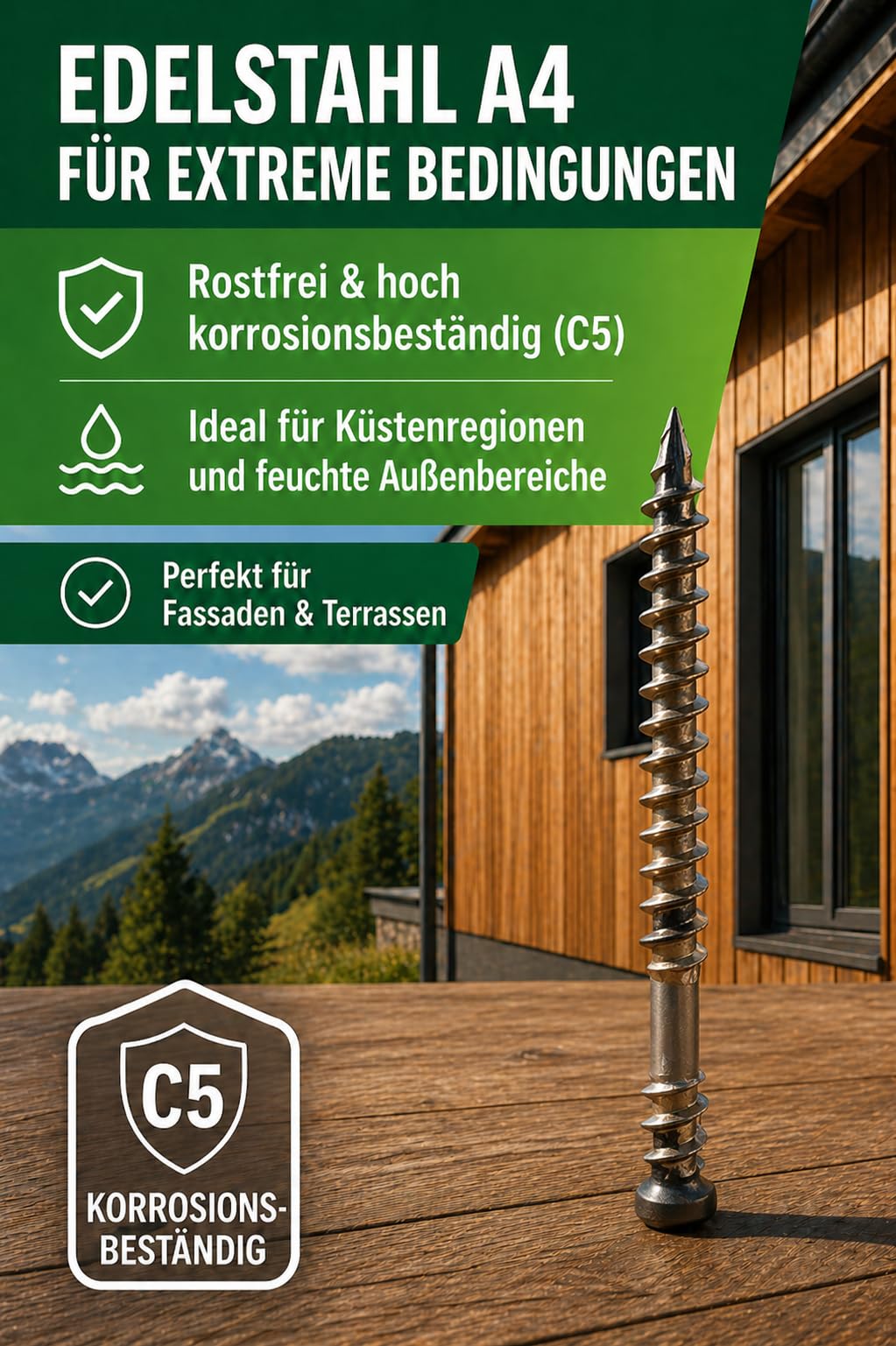 ESSVE Tornillos de fachada 5,0 x 72 mm A4 de acero inoxidable TX15 con punta de perforación, cabeza cilíndrica, RAL7016 – 250 unidades, acero inoxidable C5, para revestimiento de madera exterior
