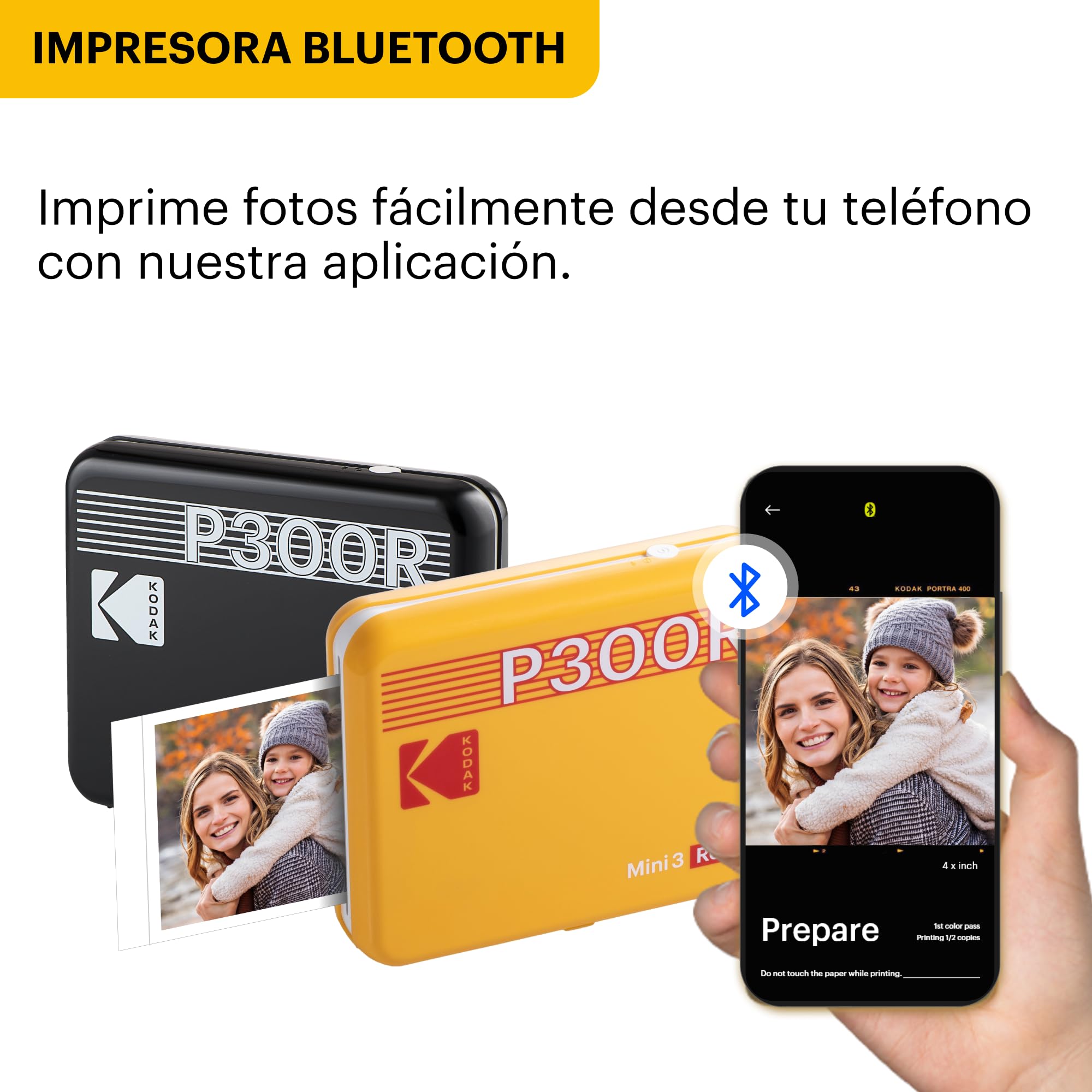 KODAK Mini 3 Retro Impresora Fotográfica Portátil 7,6 x 7,6 cm, 38 Hojas, Impresora Bluetooth para Smartphone iPhone & Android, Impresión Instantánea en Color, Sublimación 4PASS, Amarillo
