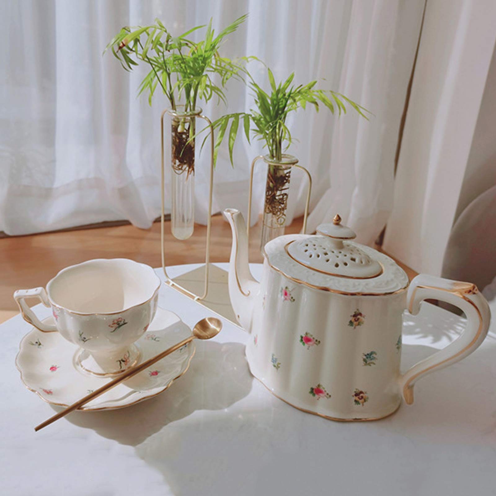 Zestaw Do Herbaty Dla Dorosłych, Filiżanki I Spodki Z Porcelany Kostnej, Różowe Zestawy Do Herbaty, Czajniczek Old Country Roses, 7 Elementów