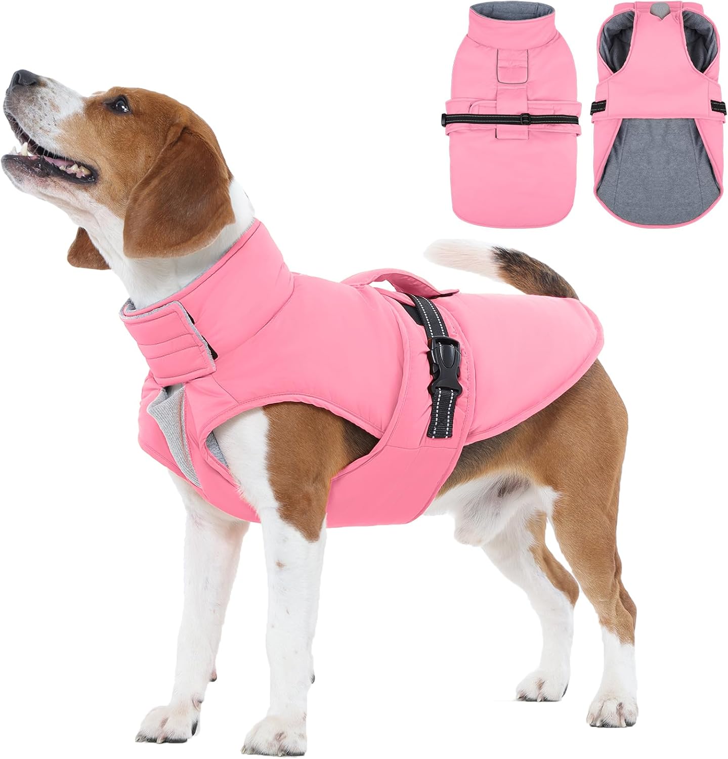 IECOii Large Dog Coat Reflective Snow Jackets Adjustable & Windproof Cold Weather Coats with Quick Snap Buckles Warm Vest for Beagle, Fleece Lined Waterproof Dog Jacket for Hiking, Orange, Size L