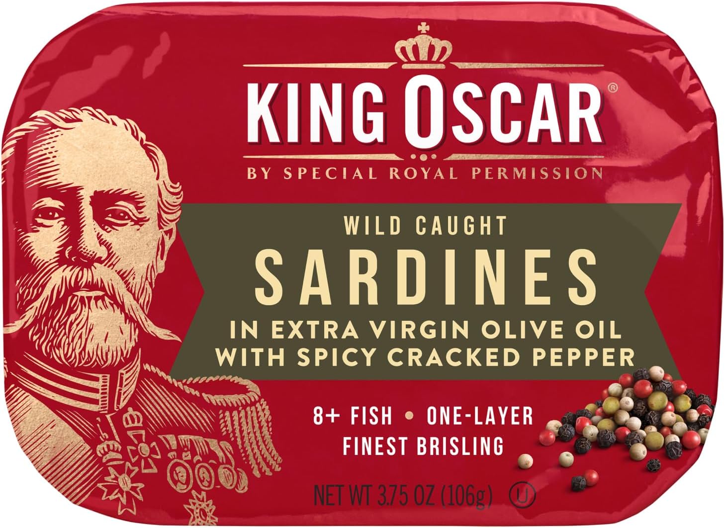 King Oscar Premium Sardines in Extra Virgin Olive Oil with Spicy Cracked Pepper, 3.75-Ounce Cans (Pack of 1), Wild Caught Canned Sardines