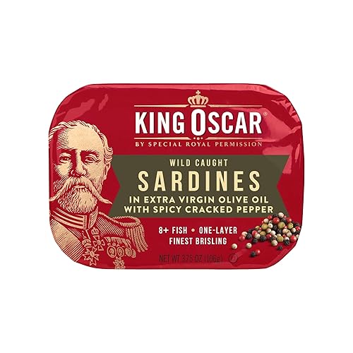 King Oscar Sardinas prémium en aceite de oliva virgen extra con pimienta picante agrietada, latas de 3.75 onzas (paquete de 1), sardinas enlatadas