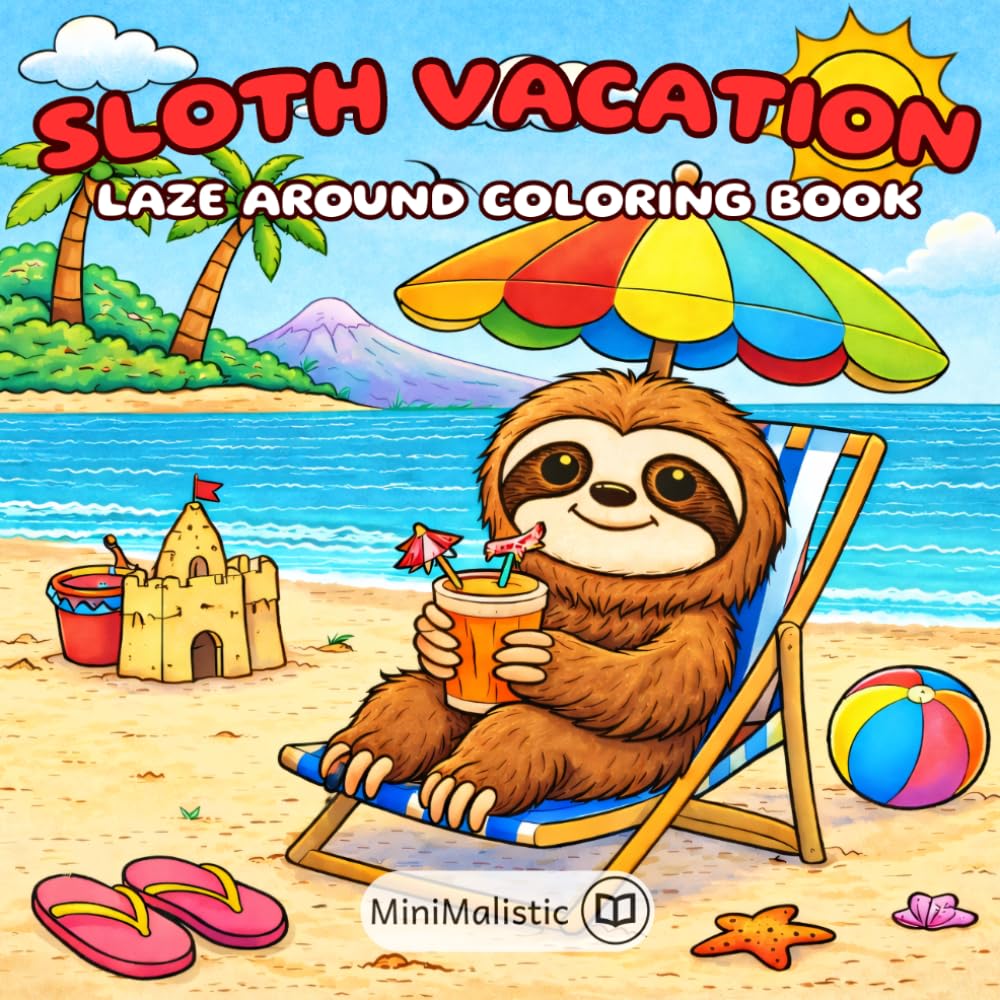 Sloth Vacation: Laze Around Coloring Book, Easy and Fun Coloring Pages for Kids Who Love Sloths and Adventures