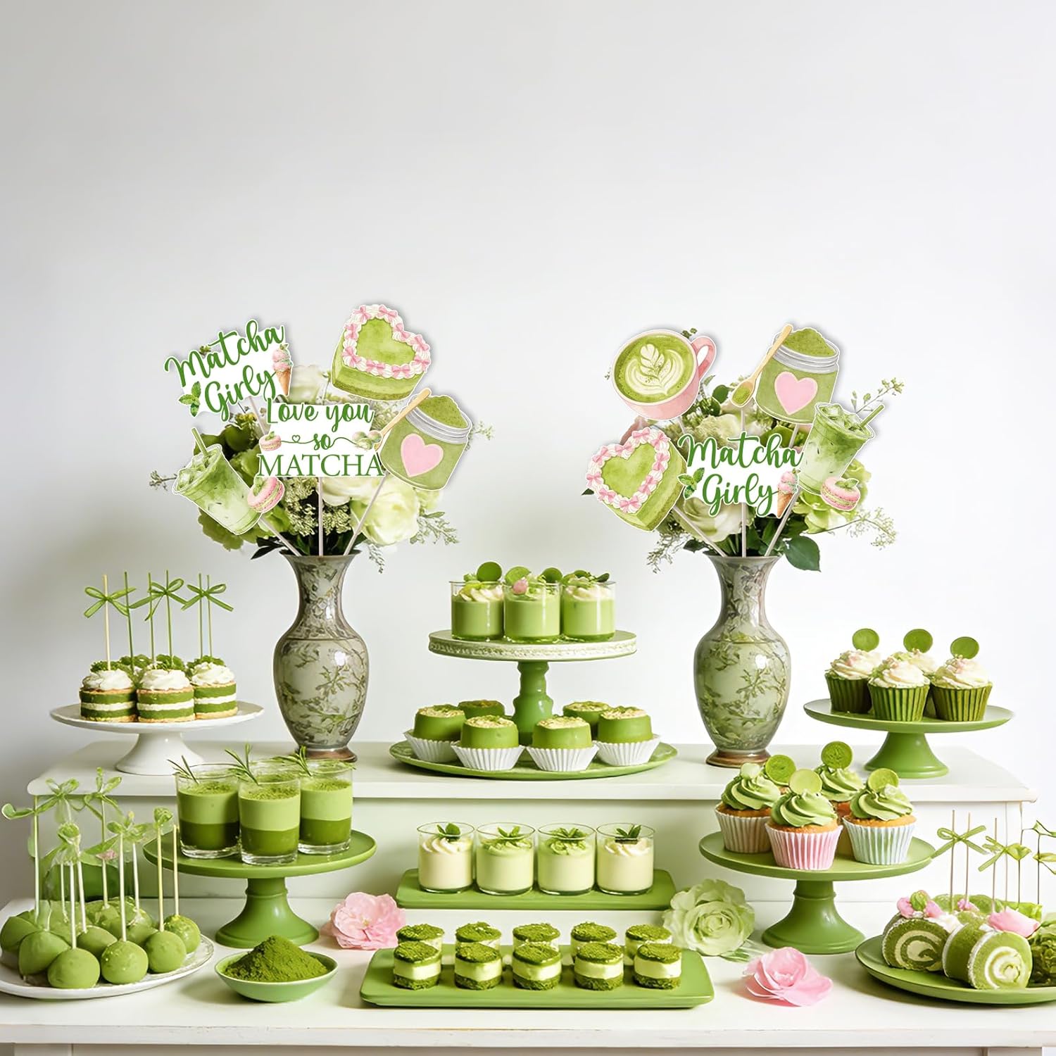 Cheereveal Matcha Party Table Centerpieces for Tea Birthday or Bridal Shower, 24pcs Double-Sided Green Tea Theme Table Decorations for Wedding, Baby Shower, Dessert Party Decor