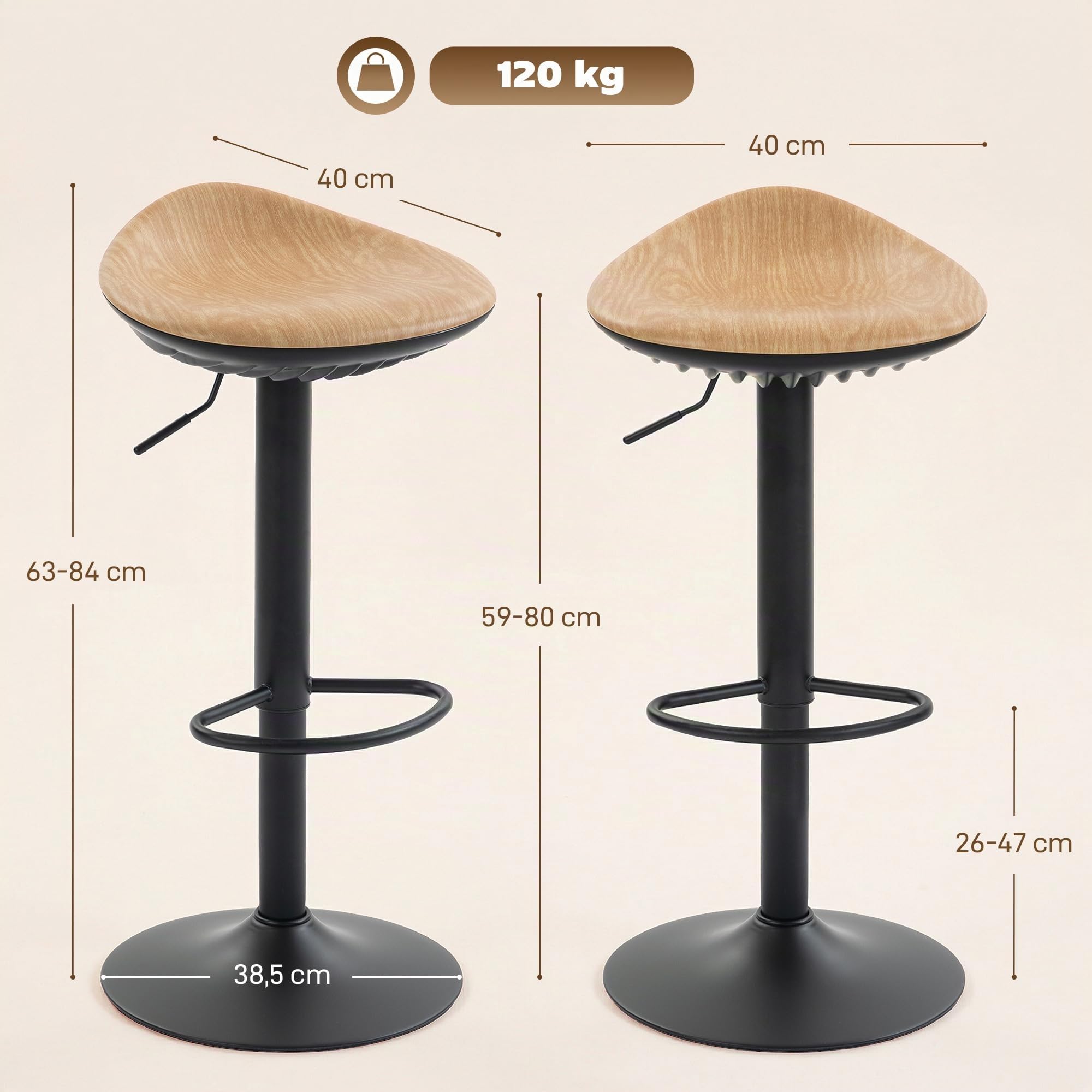 HOMCOM Lot de 2 Tabourets de Bar Réglables en Hauteur 40x40x63-84cm Chêne