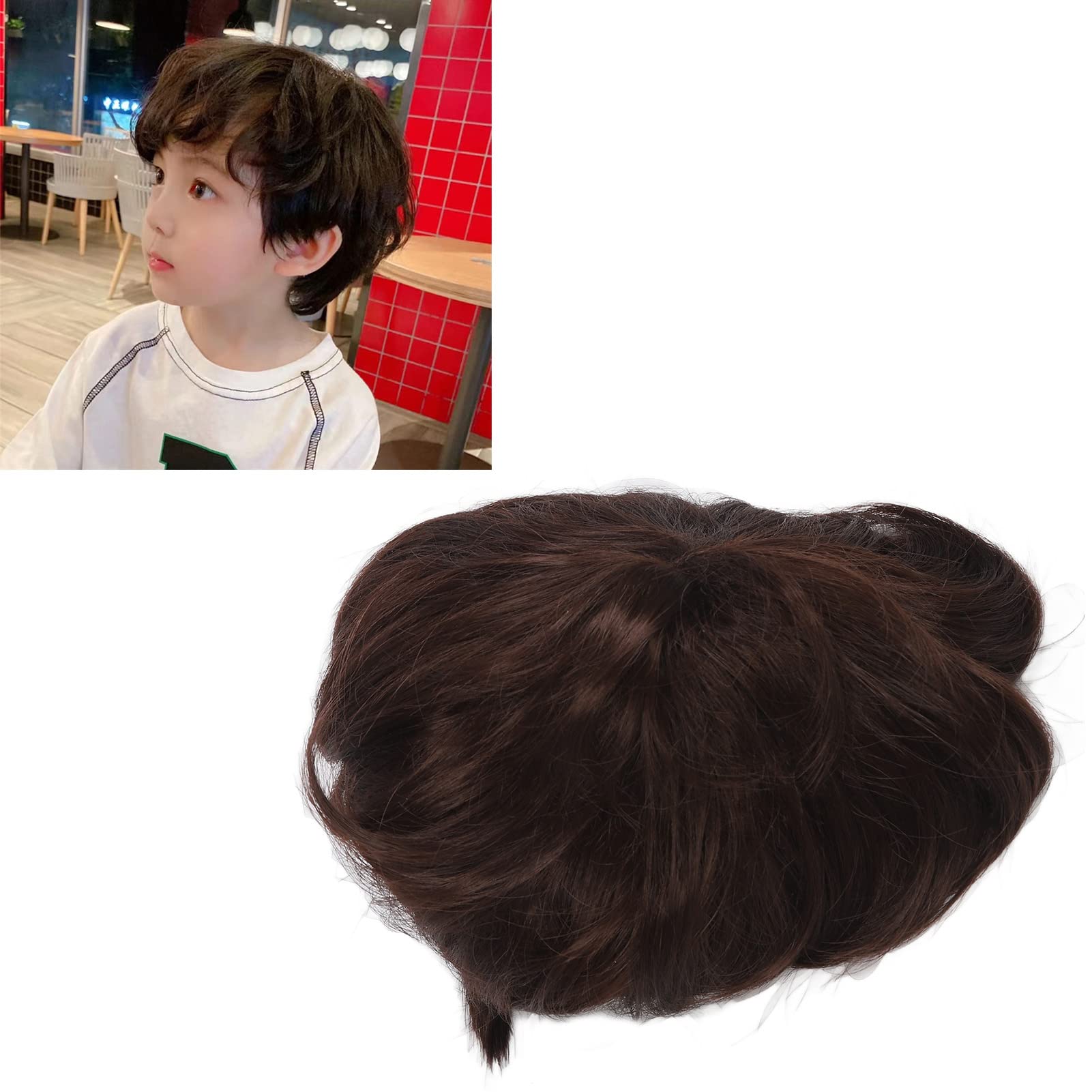 Perruque Courte Bouclée Garçon pour Garçon Texture Moelleuse Cheveux Synthétiques Courts Bouclés pour Enfant Brun foncé