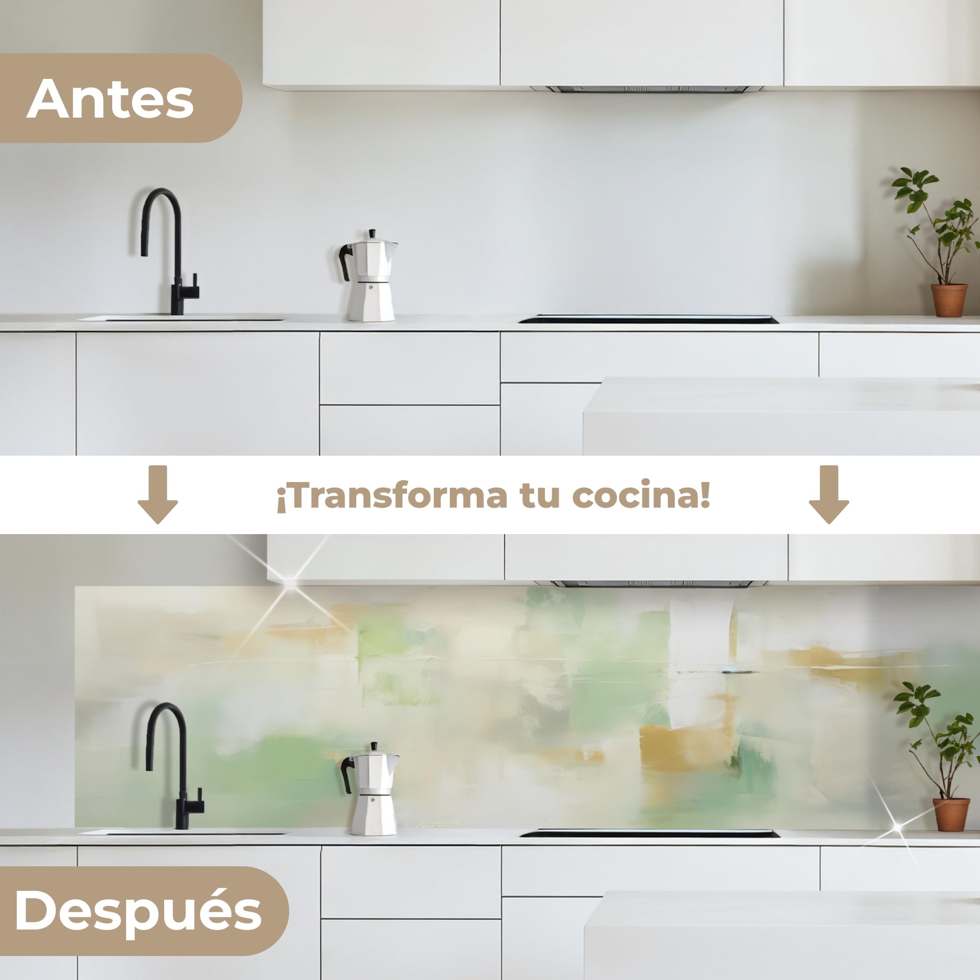 KitchenYeah© Antisalpicaduras Cocina 80x300 cm Adhesivo Salpicadero Protector Salpicaduras Kitchen Abstracto - Arte - Blanco - Verde - Moderno