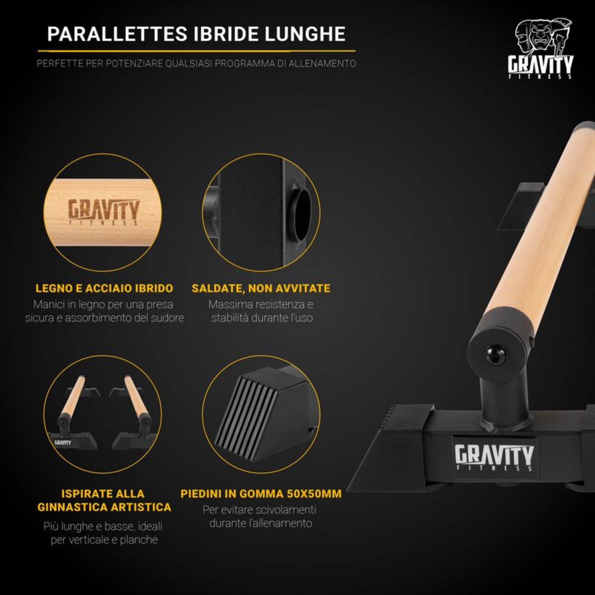 Gravity Fitness Paralleti, Legno Ibrido e Acciaio Ginnastica Ispirare p Bar per Calisthenics, bilanciamento Manuale, qualità Commerciale ma Adatto a casa Noi