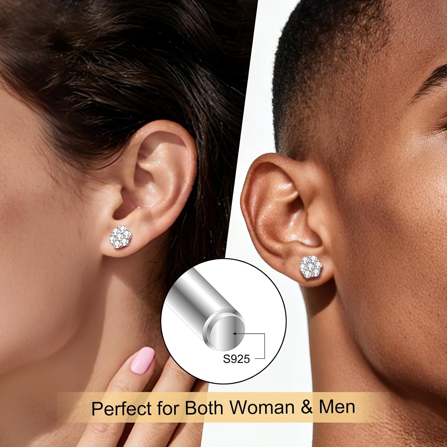 Moissanite Earrings for Men, Sterling Silver S925 Flower Cluster Stud Earrings Screw Back Earrings for Women, 7-Stone Design - Image 3