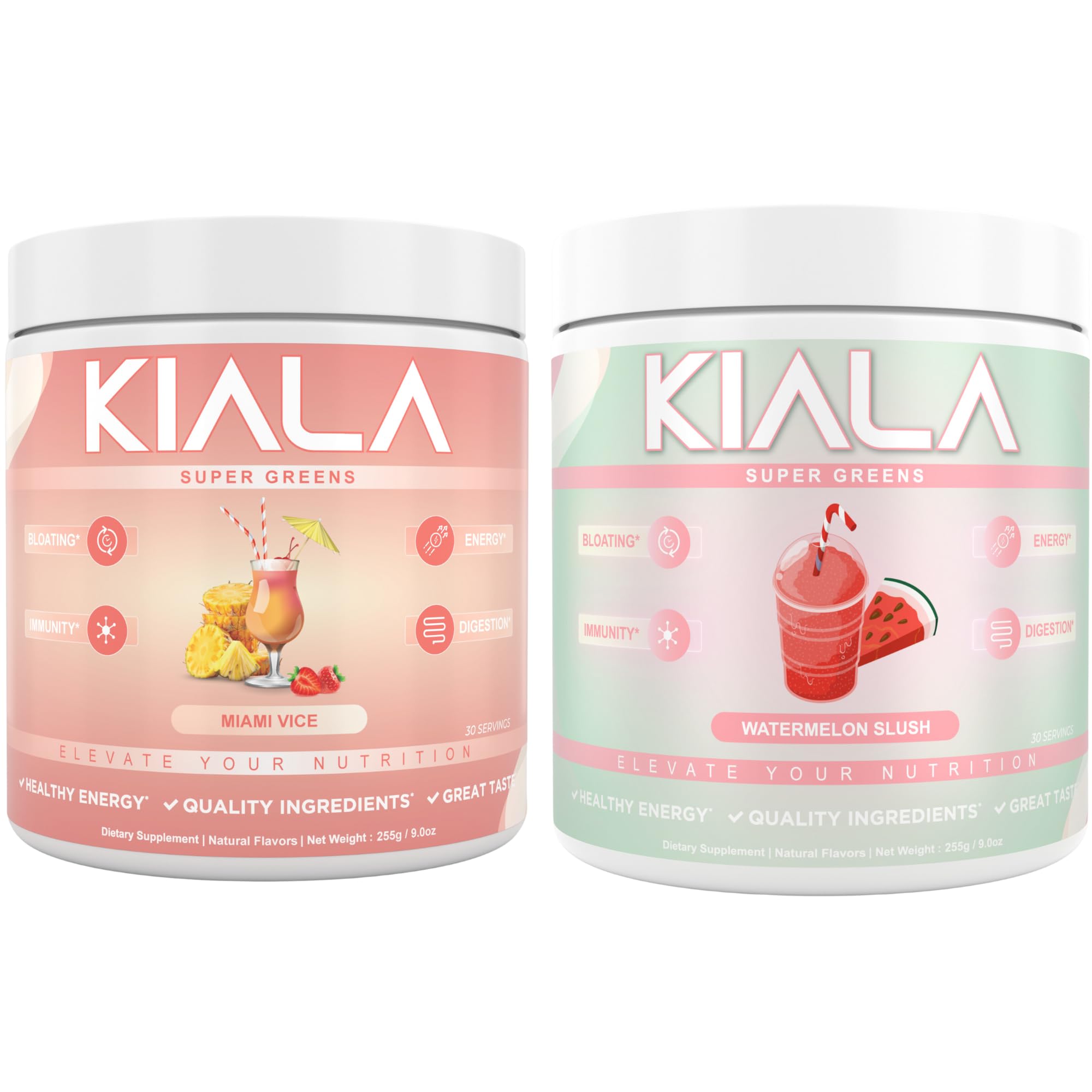 Kiala Nutrition Super Greens, Organic Greens Powder with Spirulina & Chlorella for Digestion, Gut Health, Immunity & Energy, Gluten Free, Vegan, Miami Vice + Watermelon Slush, 30 Servings Each