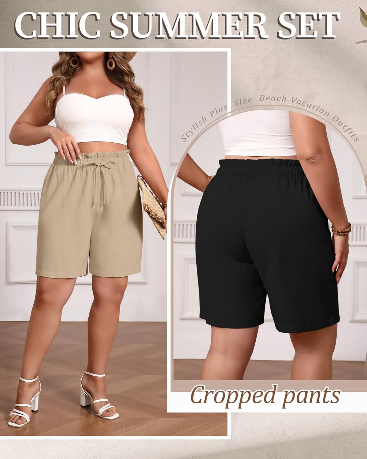 2 Pack Women's Casual Linen Shorts Bermuda Plus Size L-5xl Knee Length High Waist Summer Shorts with Pockets - Image 2