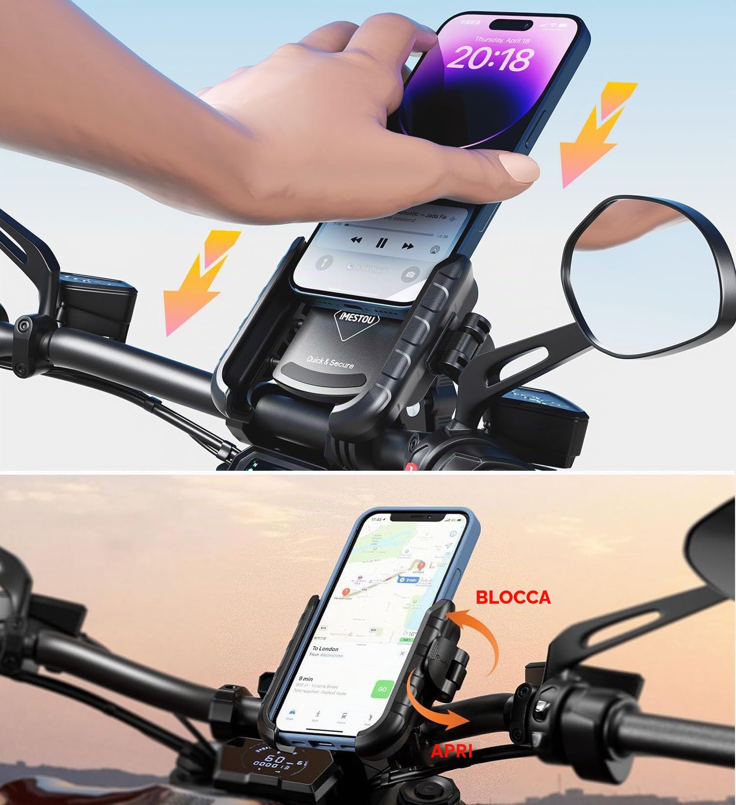 iMESTOU Supporto Cellulare Moto Antivibrazione, Supporto Universale Antivibrazione per Smartphone da 5,4"-7,2" Fino a 15 mm di Spessore, Sgancio Rapido, Adatto per Manubri di Moto e Bici da 12-45 mm