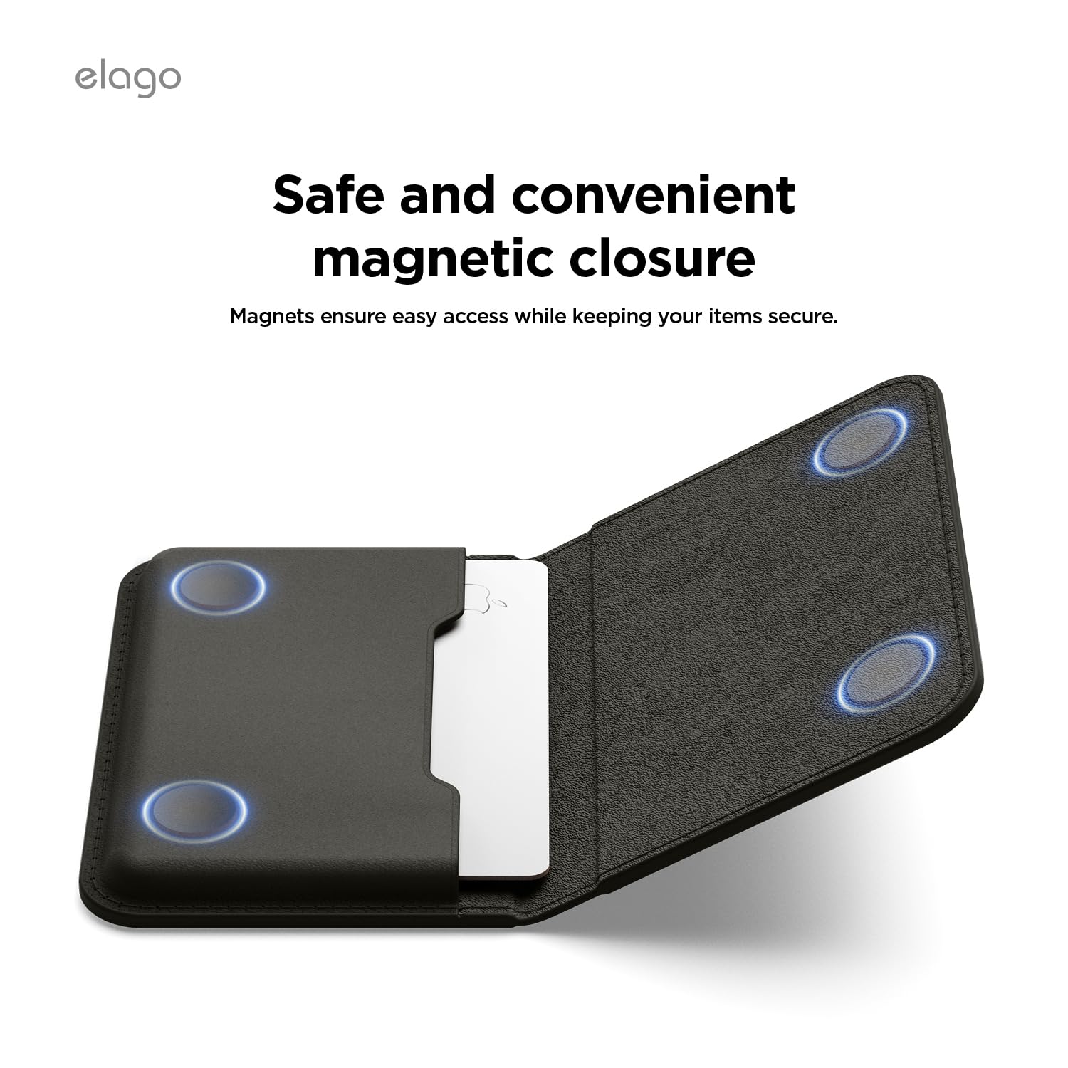 elago Porta Carte Magnetico in Pelle Sintetica per 4 Carte - Compatibile con MagSafe per iPhone, Portafoglio con Fissaggio Sicuro, Protezione Dai Graffi, Adatto a Monete e Banconote (Nero)