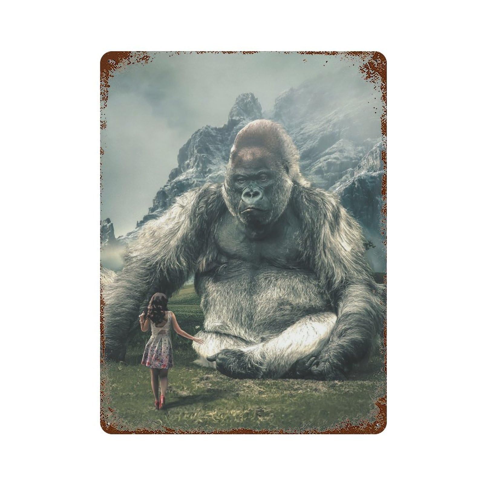 Aged Metal Wall Plaque with Big Gorilla Design 15.7"x11.8", for Farmhouse, Kitchen And Entryway Decor, Retro Wall Decor
