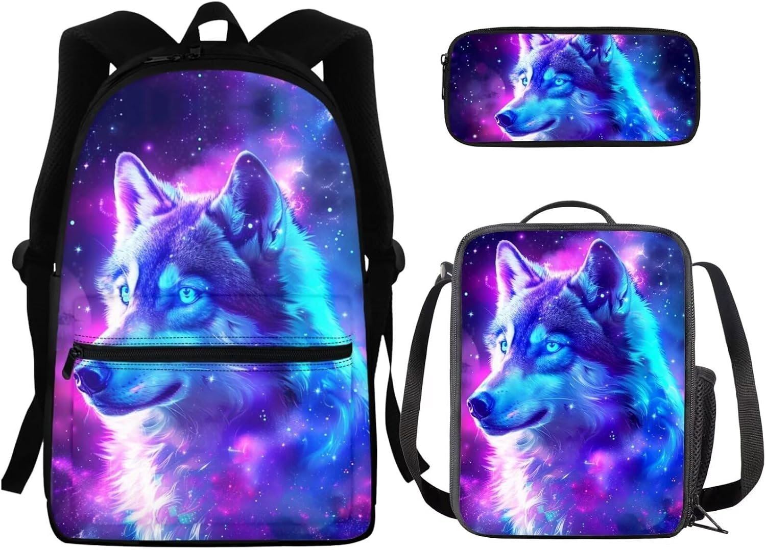 Wolf Backpack with Lunchbox 3 in 1 School Bag for Boys 7-8 + Lunch Box + Pencil Case Cool School Bags for Girls 7-10 10-12 Lunch Bag Back to School Backpacks 15 Inch Book Bag