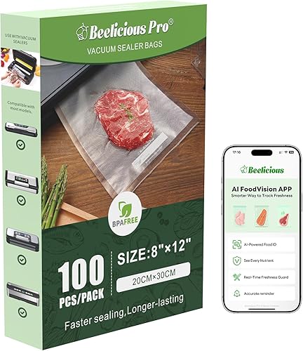 Beelicious Pro Bolsas selladoras al vacío precortadas para almacenamiento de alimentos, 100 unidades de 8 x 12 pulgadas con bolsas de sellado al